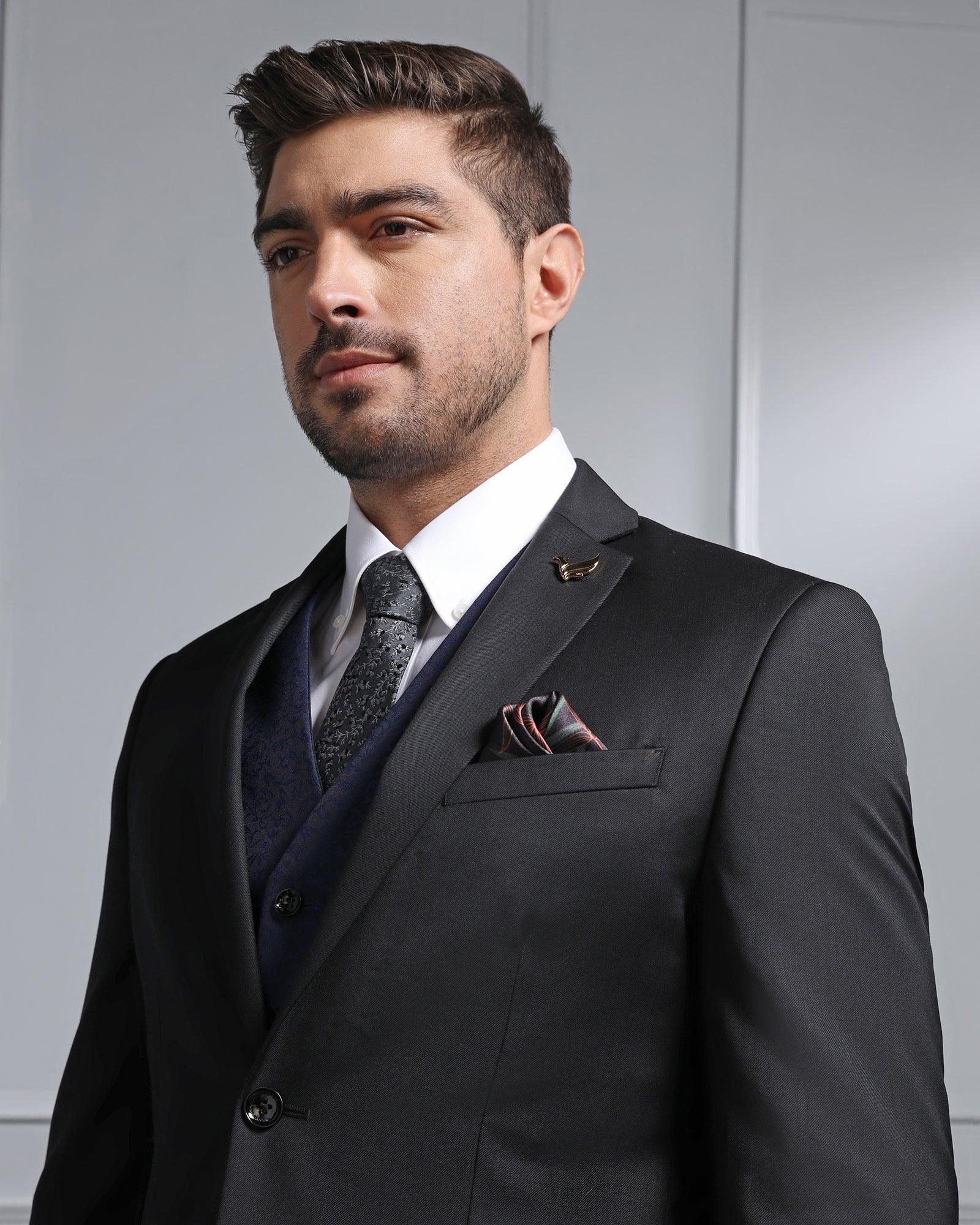 Luxe Three Piece Black Solid Formal Suits - Jetz