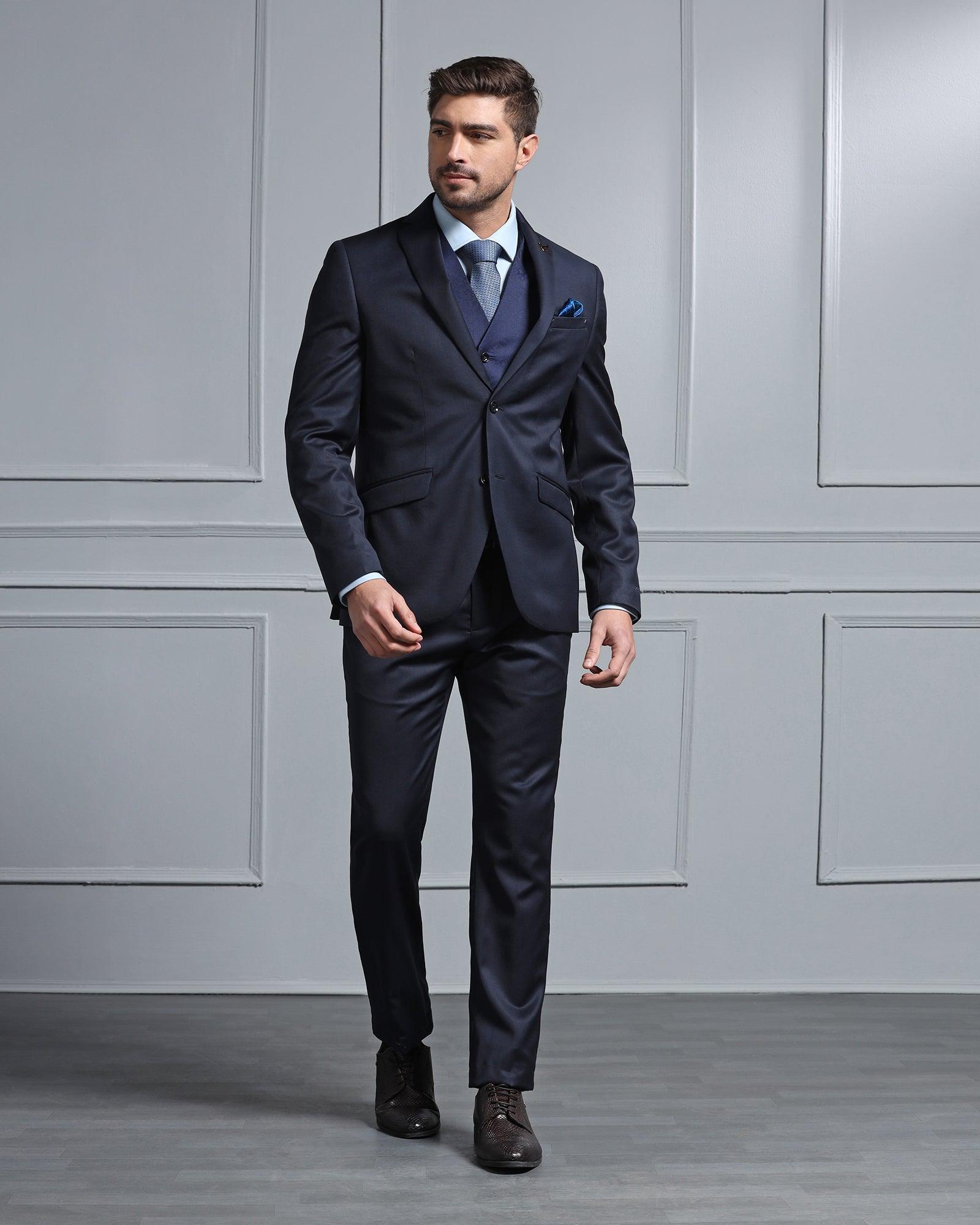 Luxe Three Piece Navy Solid Formal Suits - Jetz