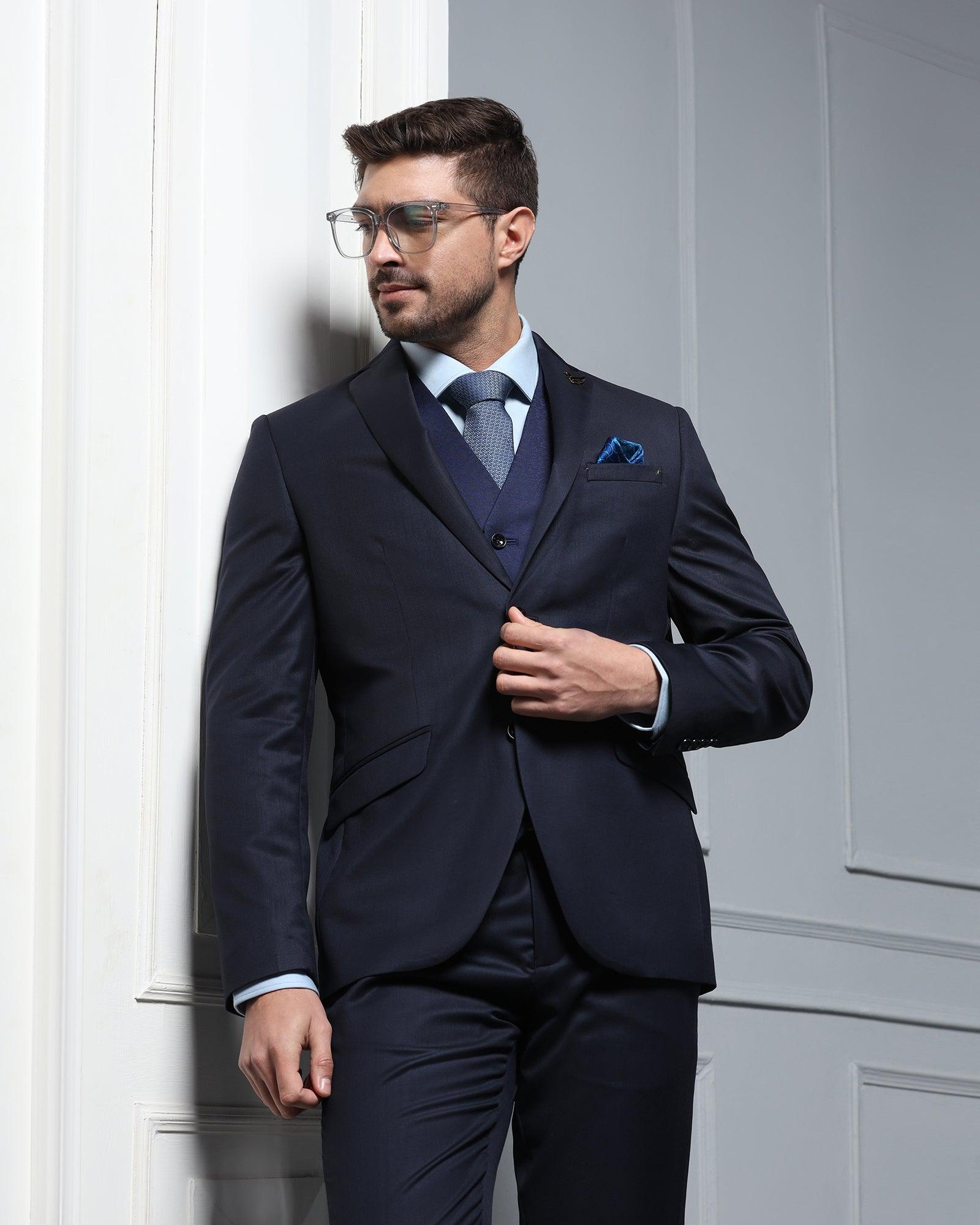 Luxe Three Piece Navy Solid Formal Suits - Jetz