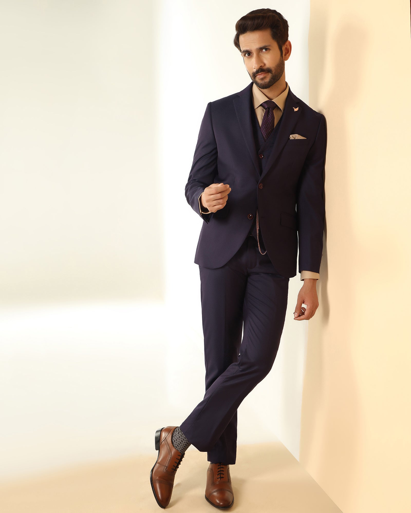 Luxe Three Piece Purple Textured Formal Suit - Garcia