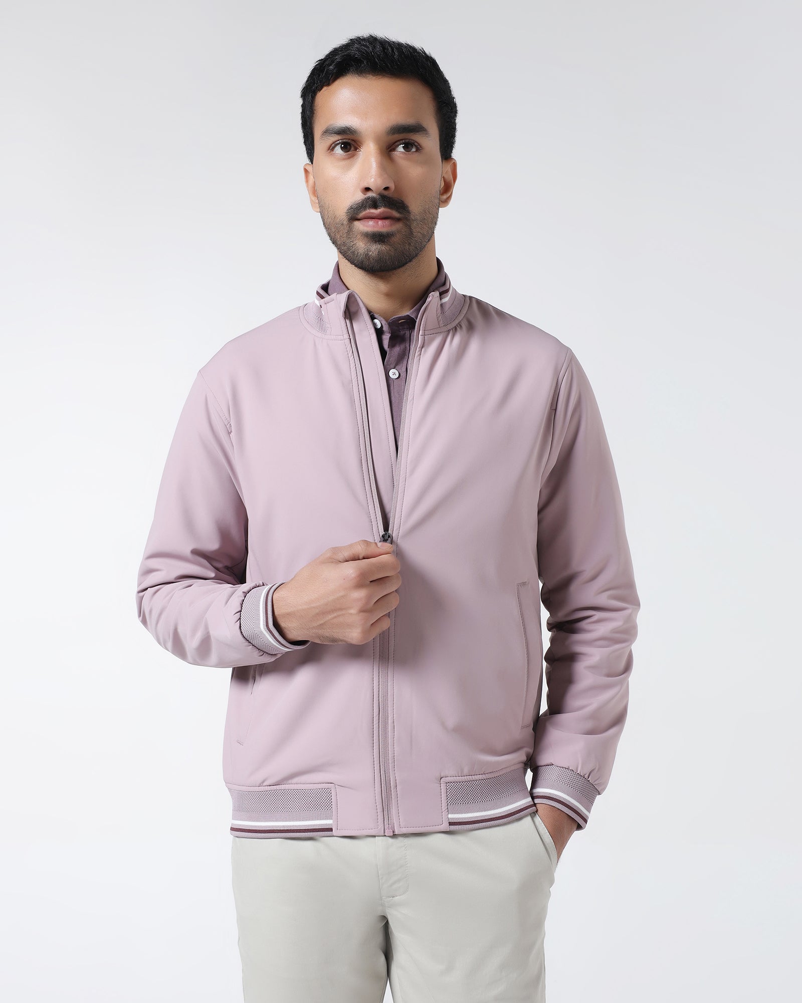 Mauve Solid Zipper Jacket - Dornell