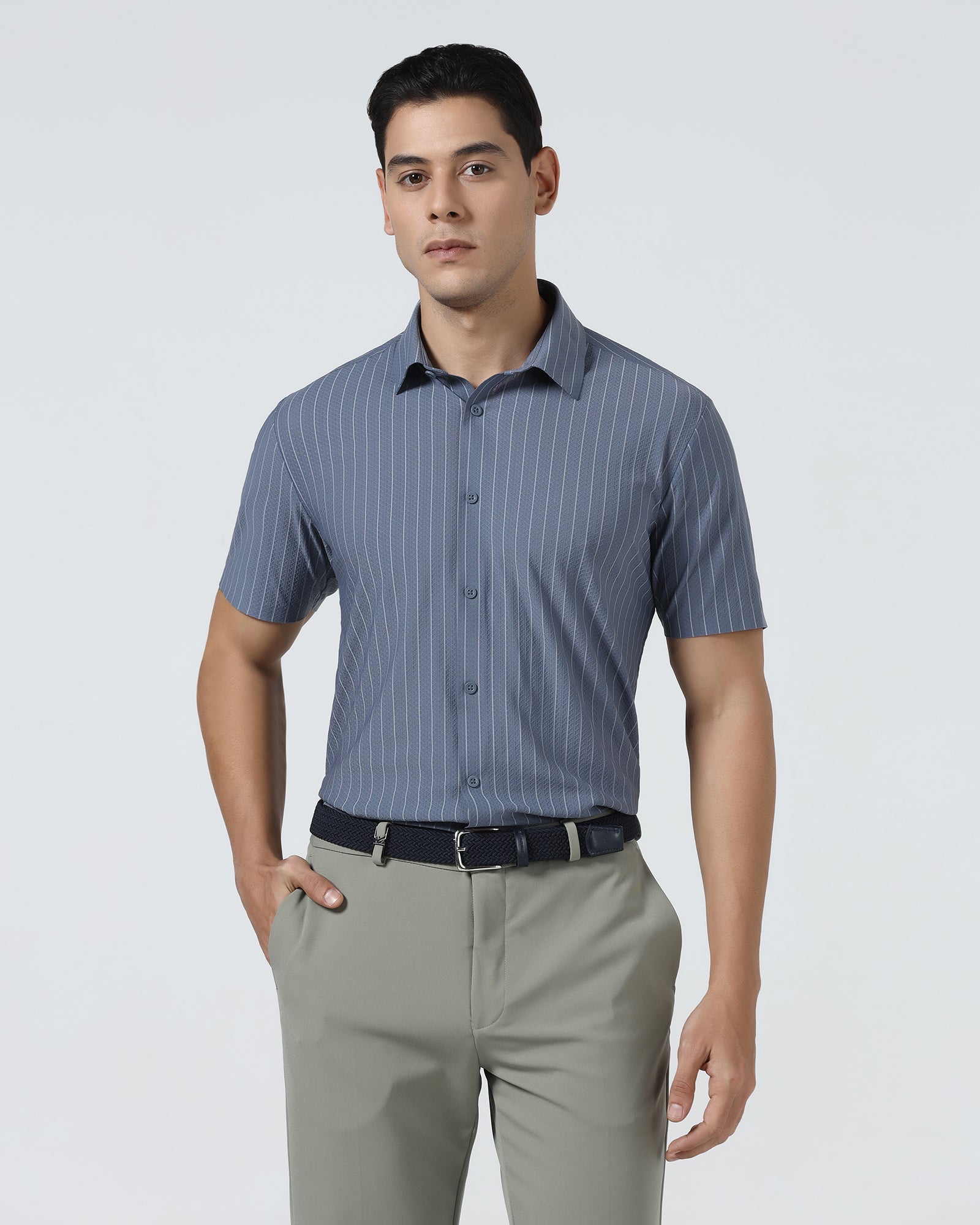 Mid Blue Half Sleeve TechPro Stripe Shirt - Hyphen