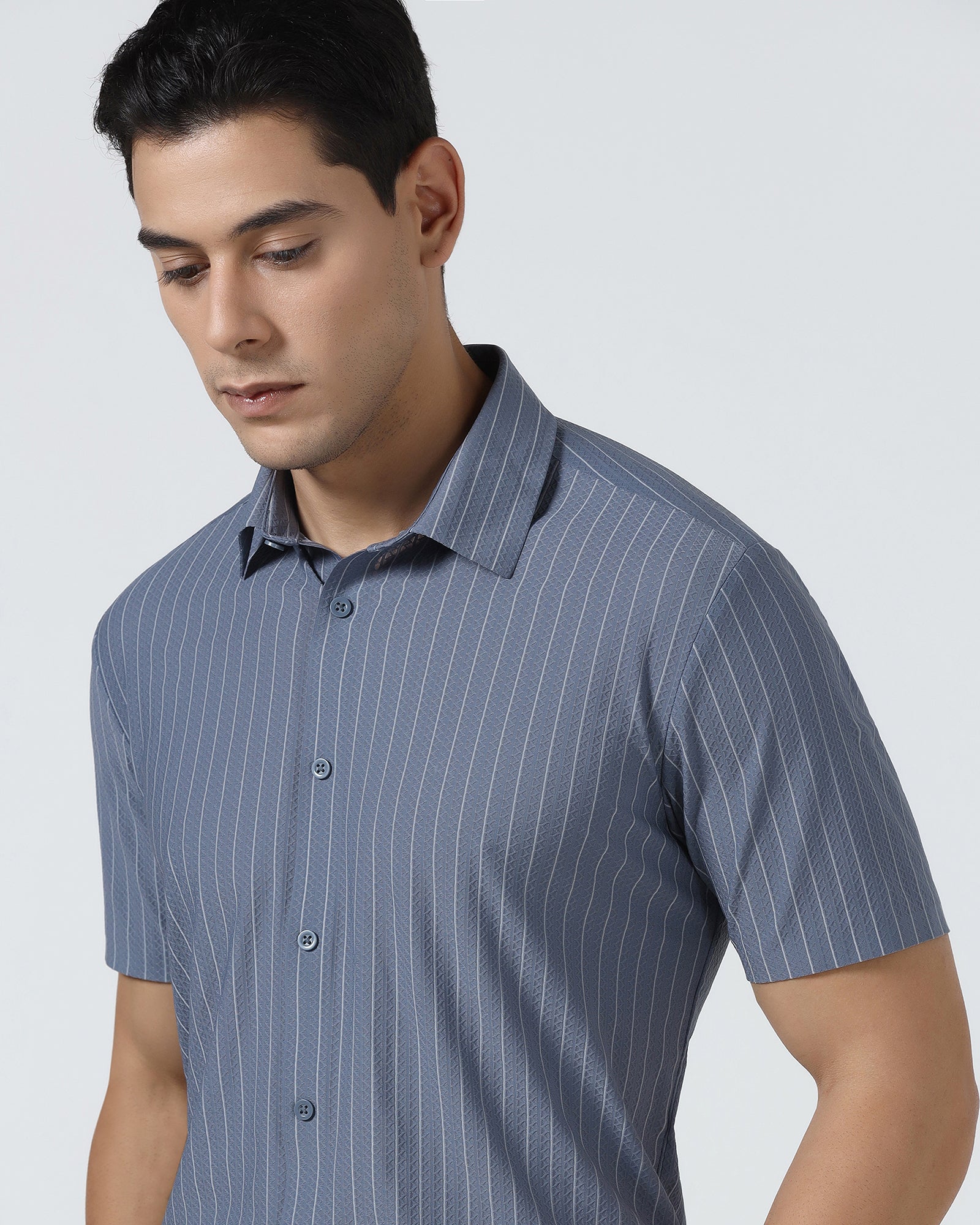 Mid Blue Half Sleeve TechPro Stripe Shirt - Hyphen