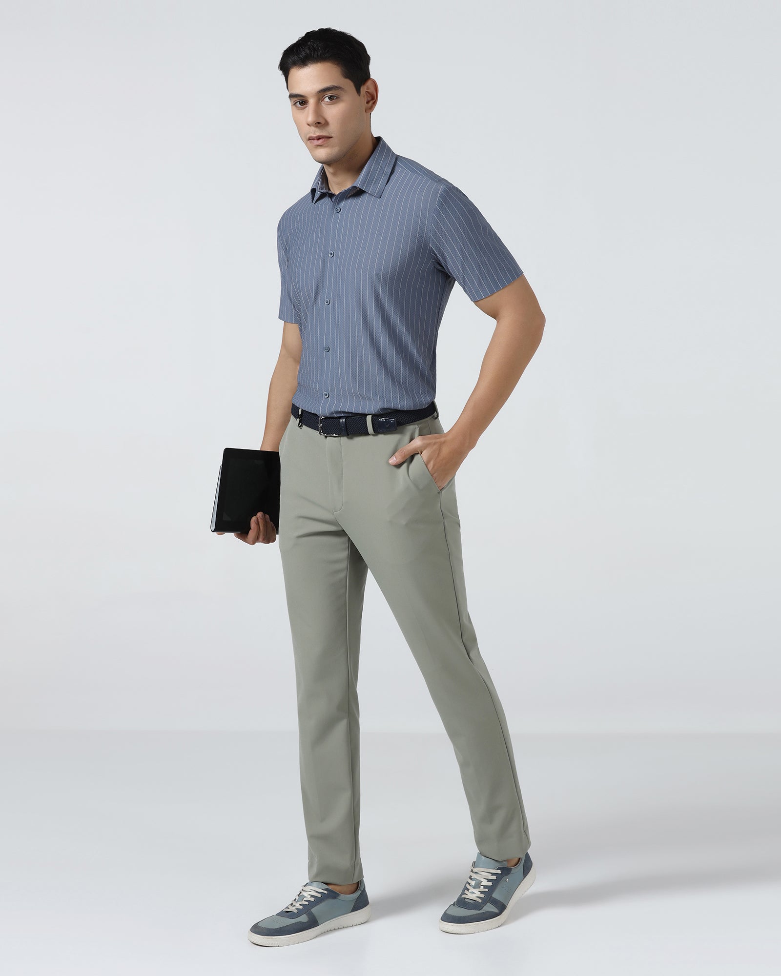 Mid Blue Half Sleeve TechPro Stripe Shirt - Hyphen