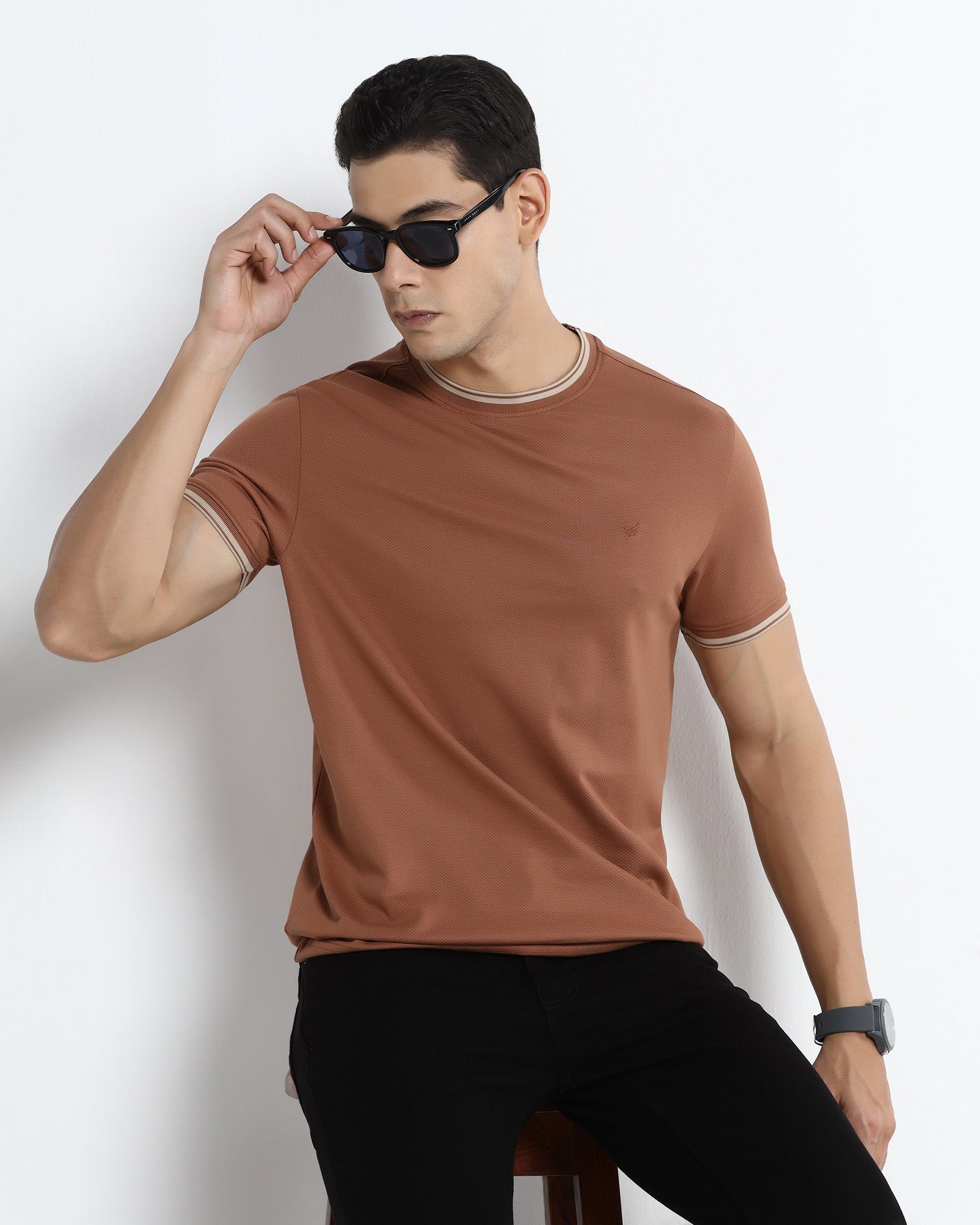 Mid Brown Crew Neck Textured T-Shirt - Doloras