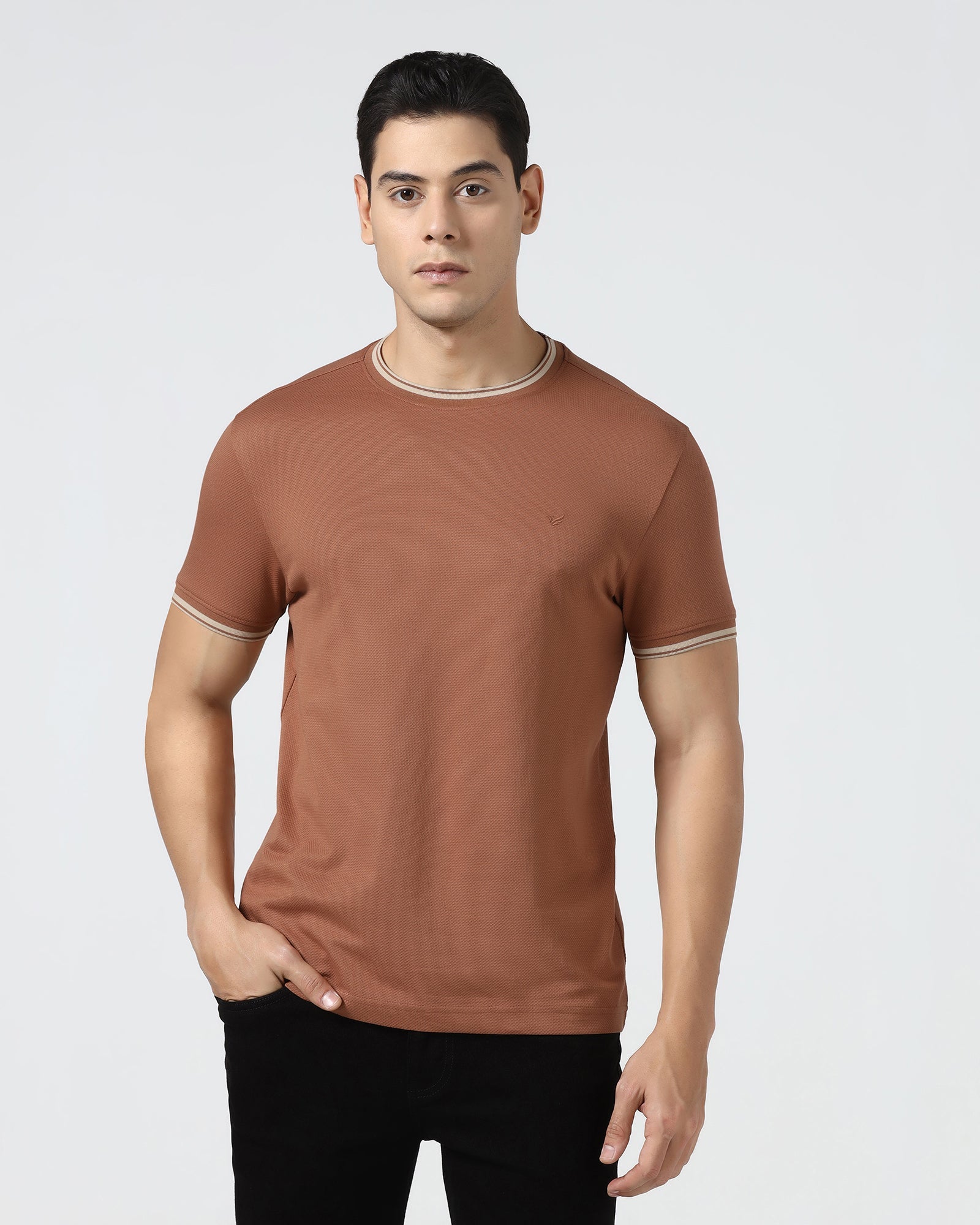 Mid Brown Crew Neck Textured T-Shirt - Doloras