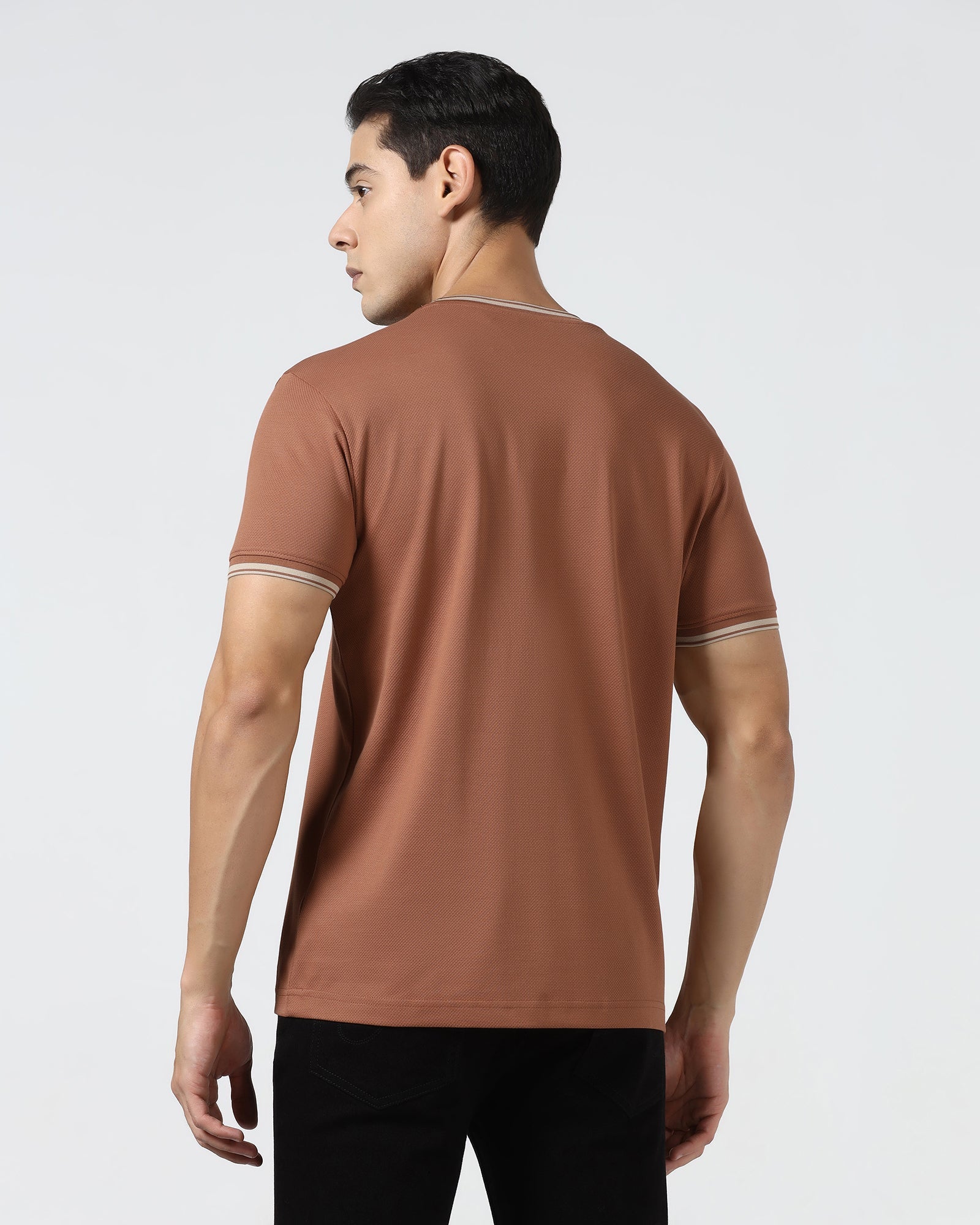 Mid Brown Crew Neck Textured T-Shirt - Doloras