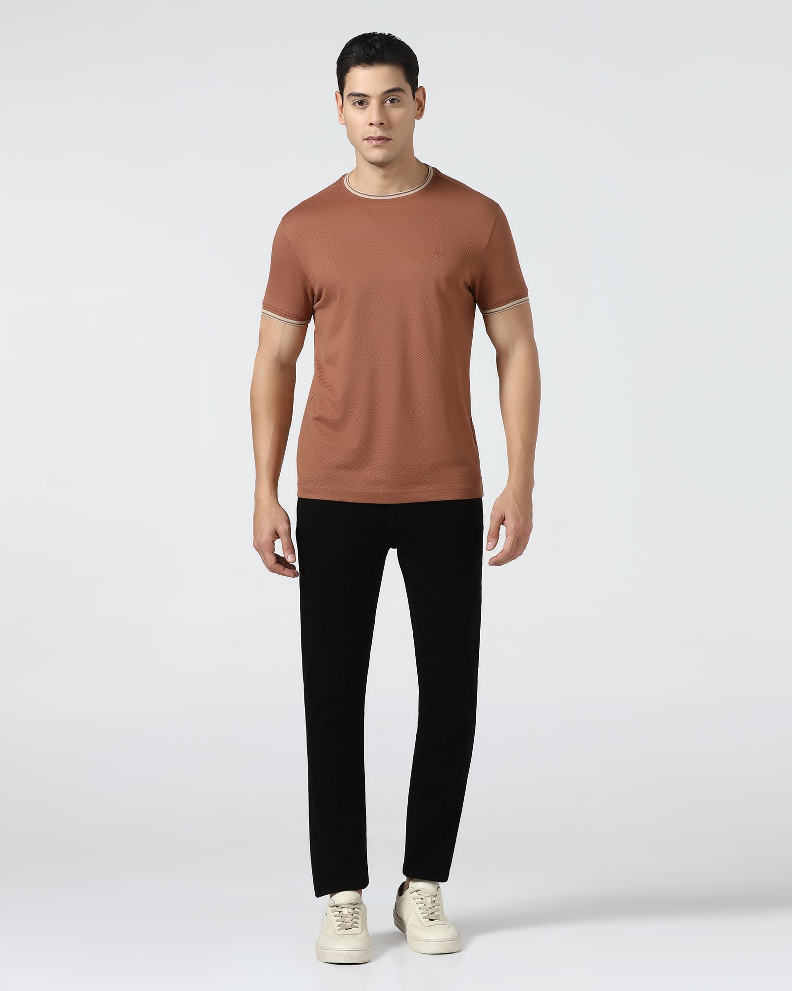 Mid Brown Crew Neck Textured T-Shirt - Doloras