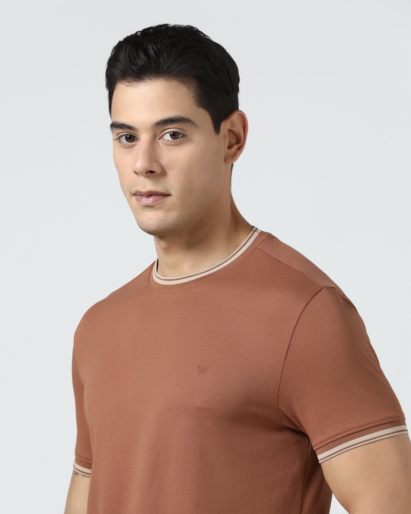 Mid Brown Crew Neck Textured T-Shirt - Doloras