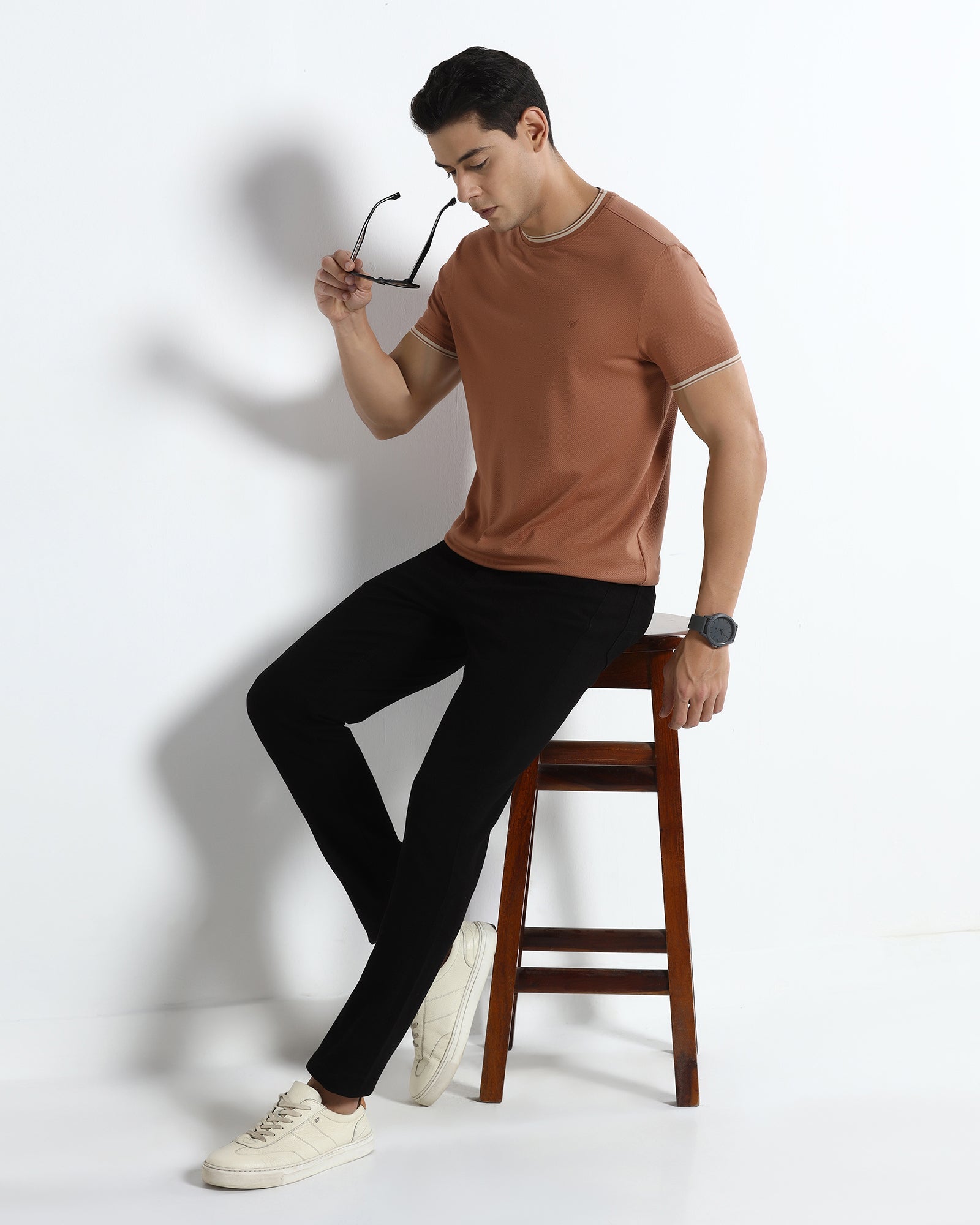 Mid Brown Crew Neck Textured T-Shirt - Doloras