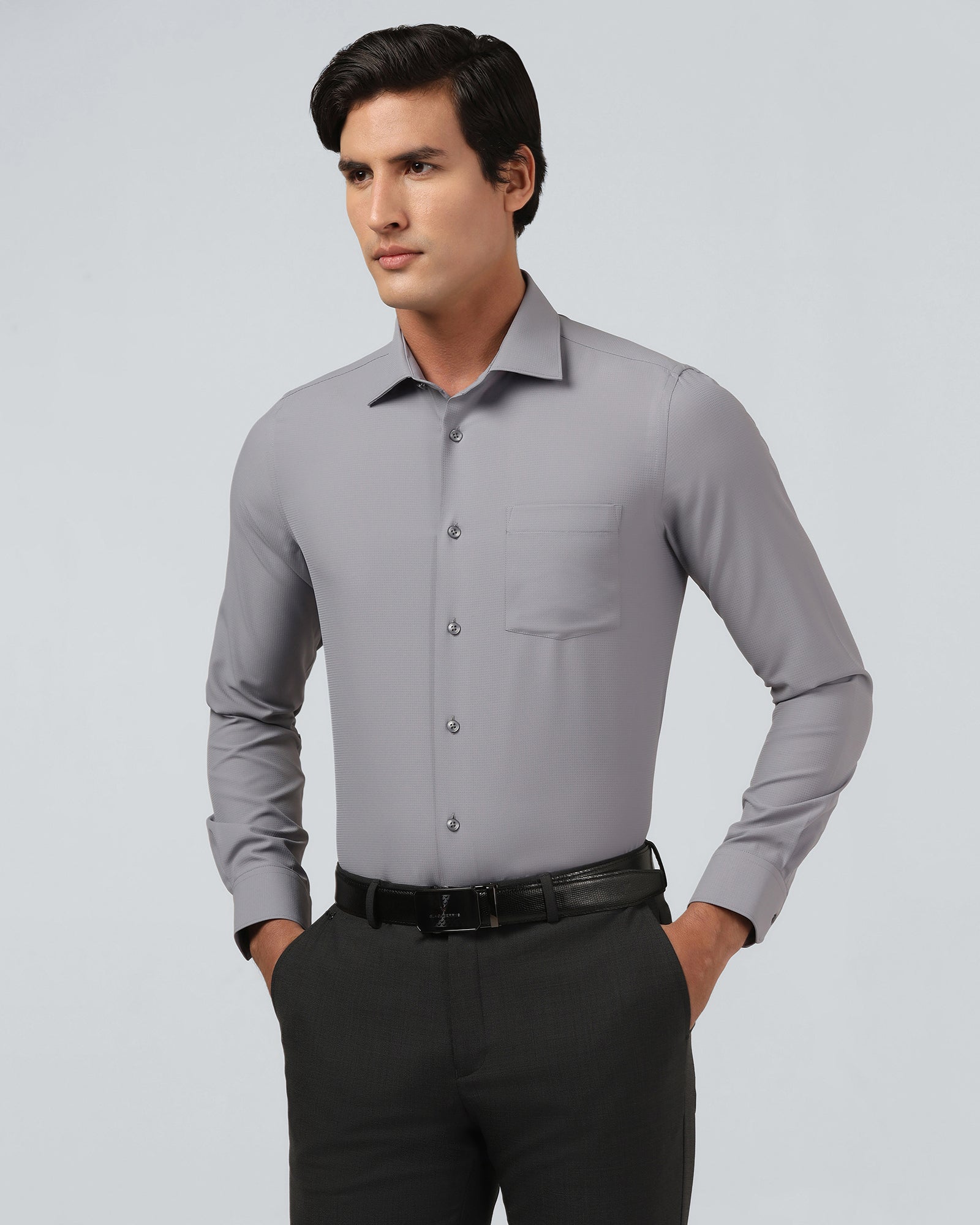 Mid Grey Non Iron Textured Shirt - Relay E