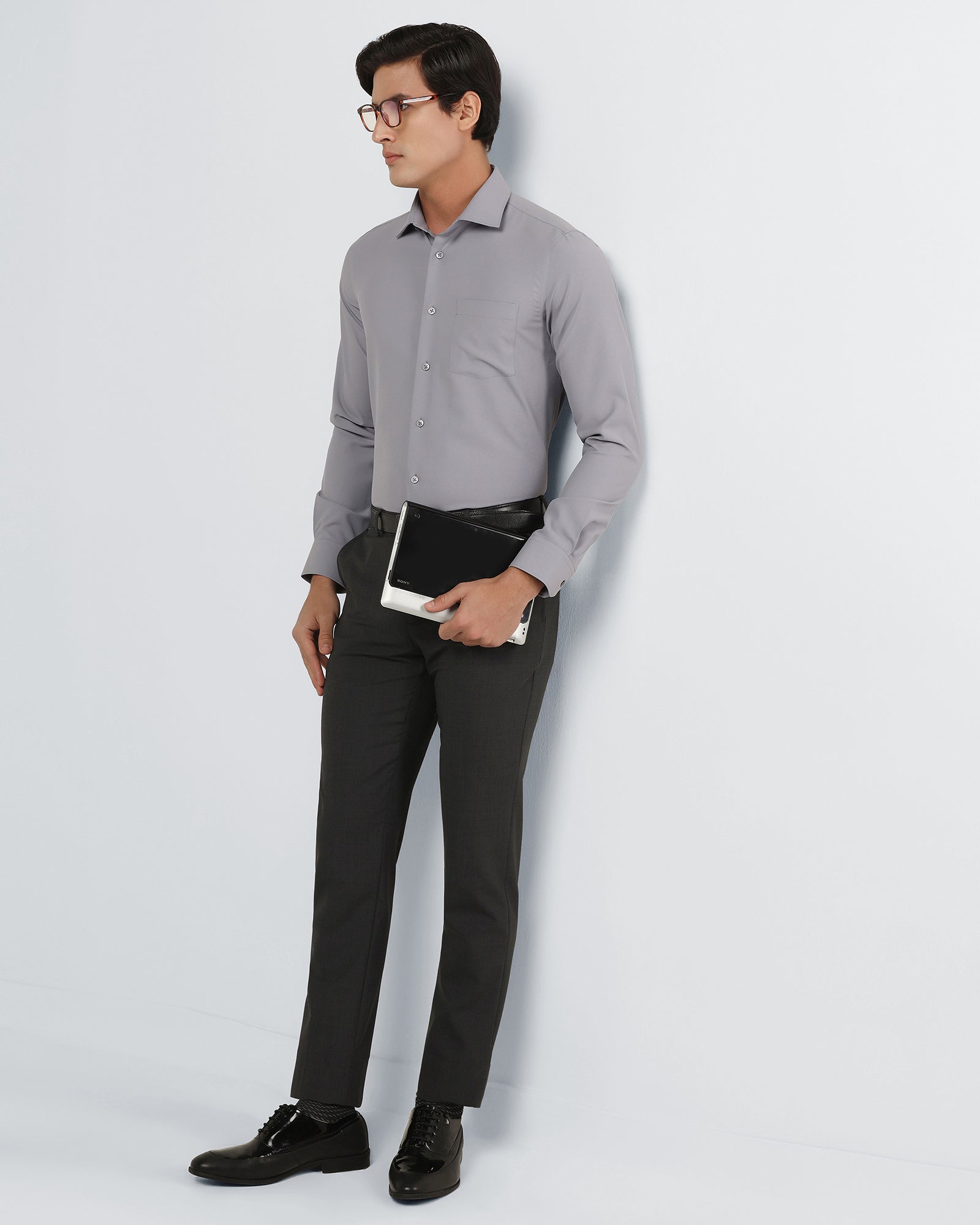 Mid Grey Non Iron Textured Shirt - Relay E