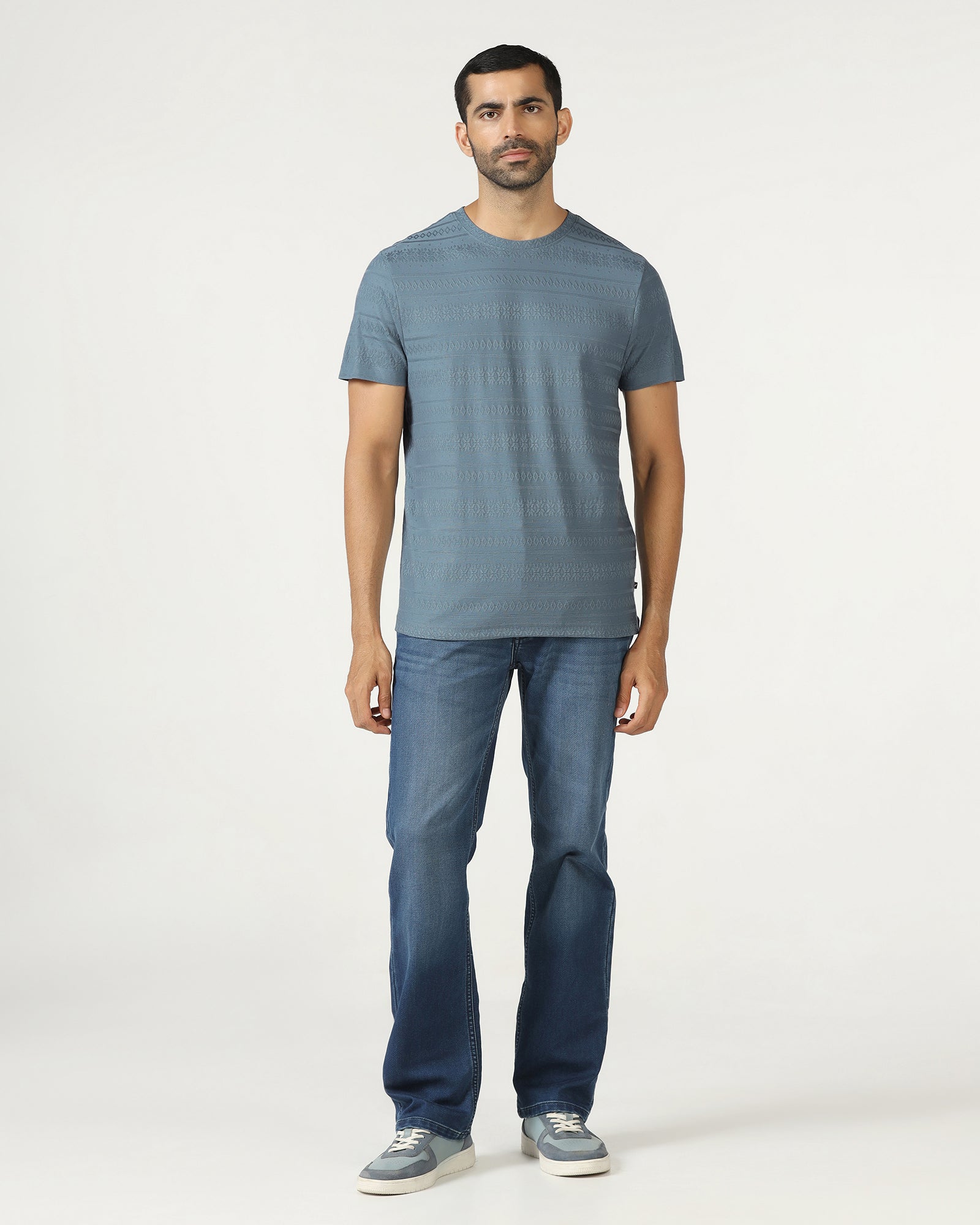 Mid Blue Crew Neck Textured T-Shirt - Lep