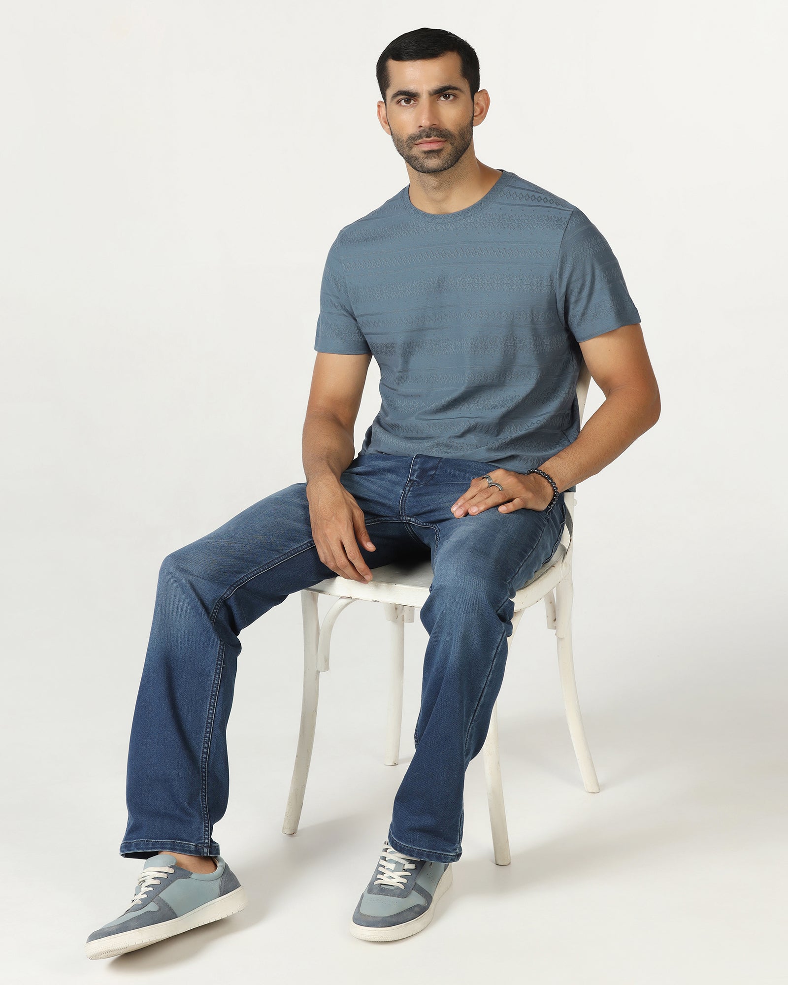 Mid Blue Crew Neck Textured T-Shirt - Lep