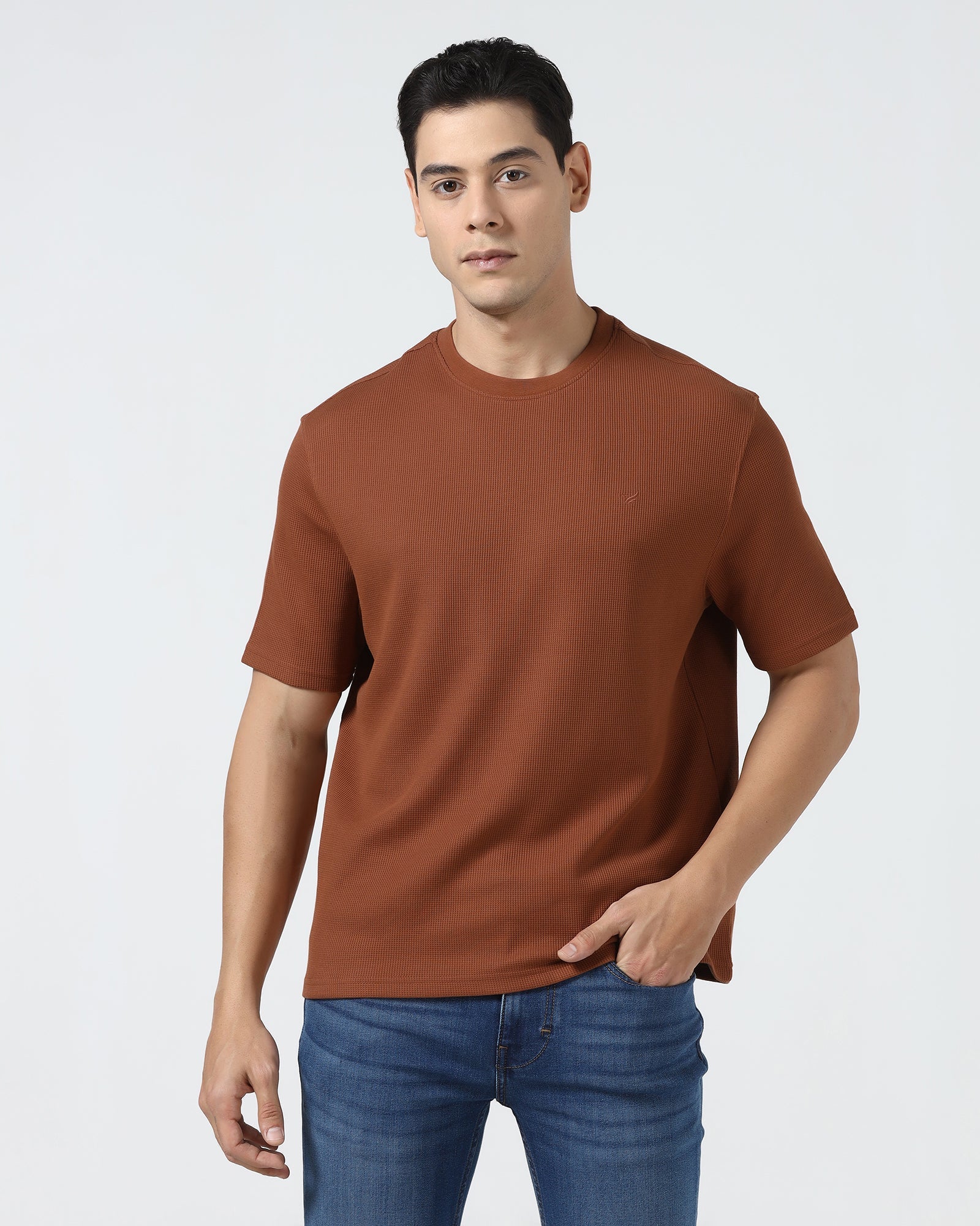 Mid Brown Crew Neck Textured T-Shirt - Lord