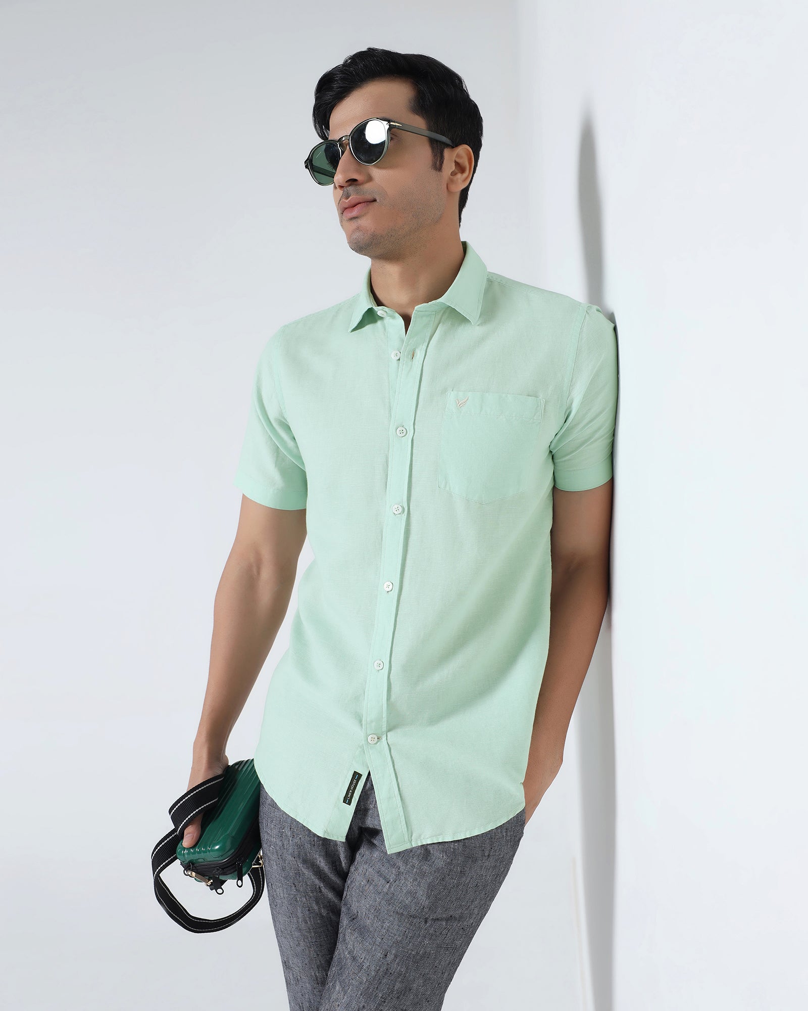 Mint Half Sleeve Linen Solid Shirt - Cleo