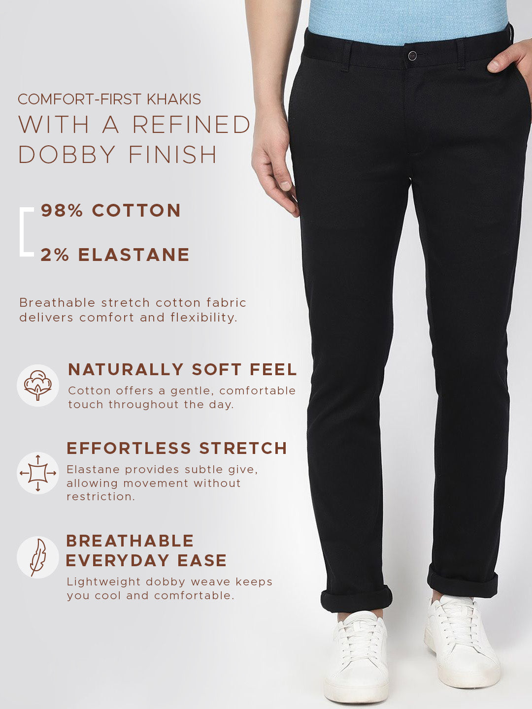 Must Haves Slim Comfort B-95 Casual Black Solid Khakis - Kimon