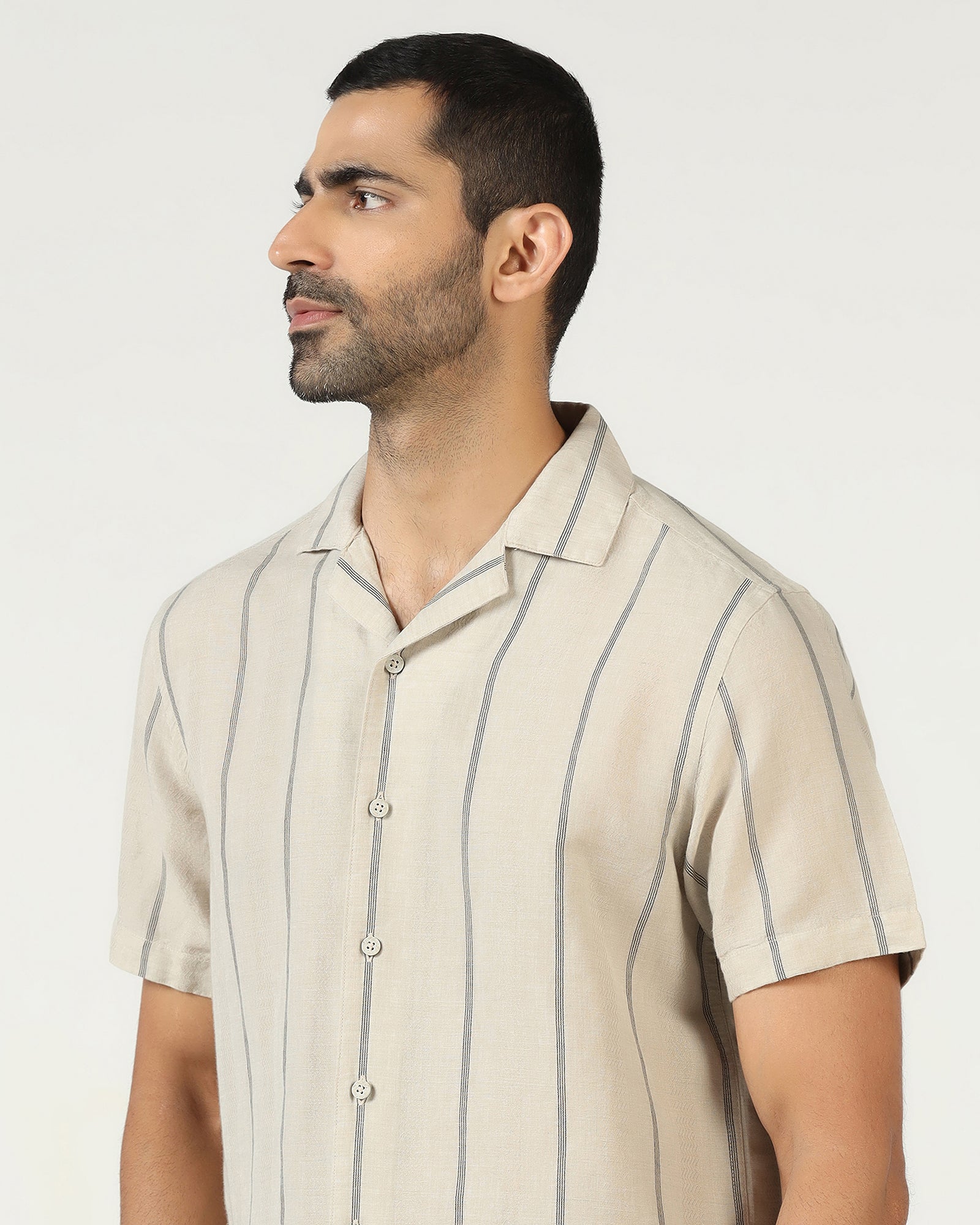 Natural Half Sleeve Linen Stripe Shirt - Ramiro