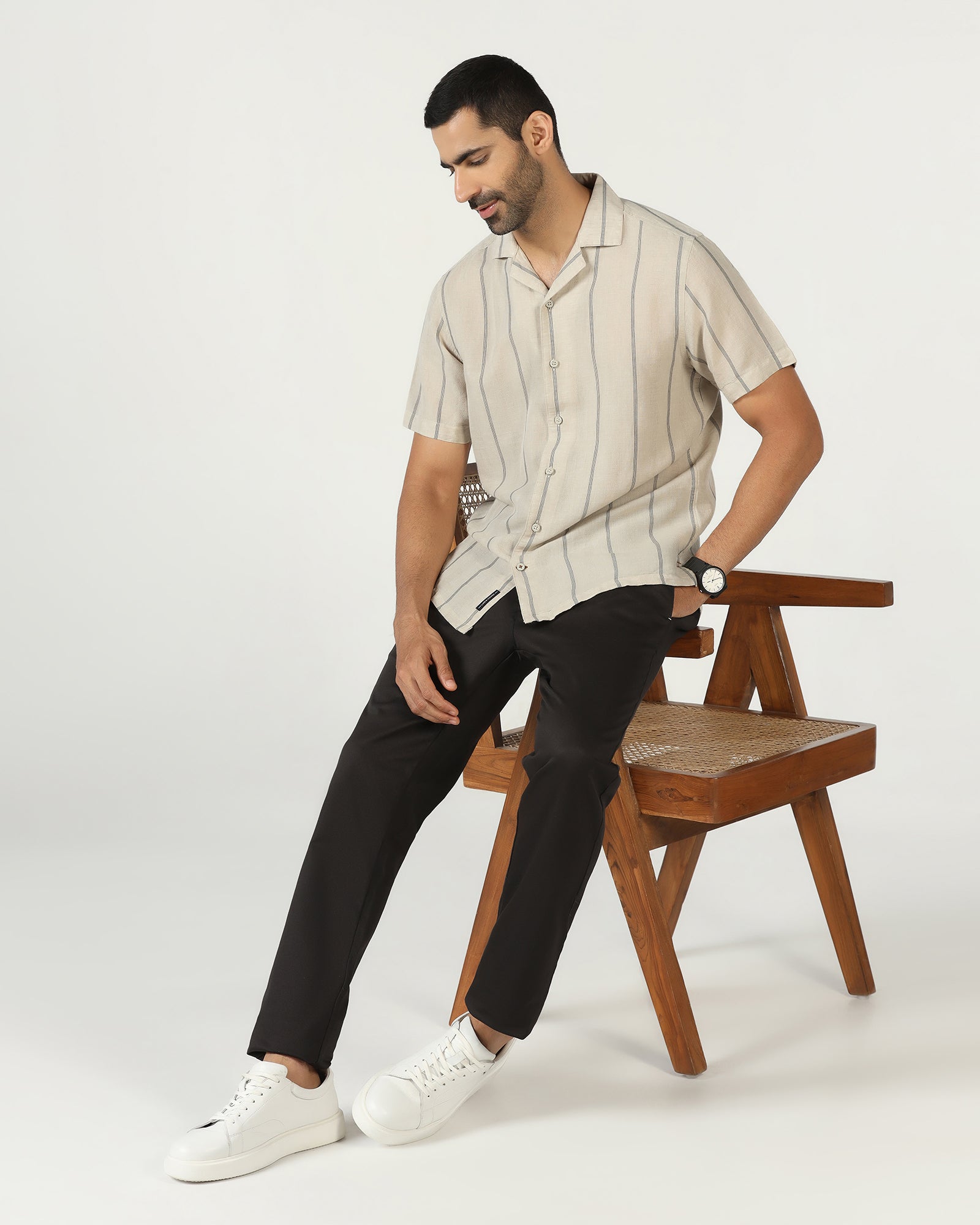 Natural Half Sleeve Linen Stripe Shirt - Ramiro