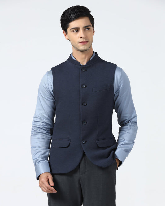 Navy Bandhgala Textured Waistcoat - Levon