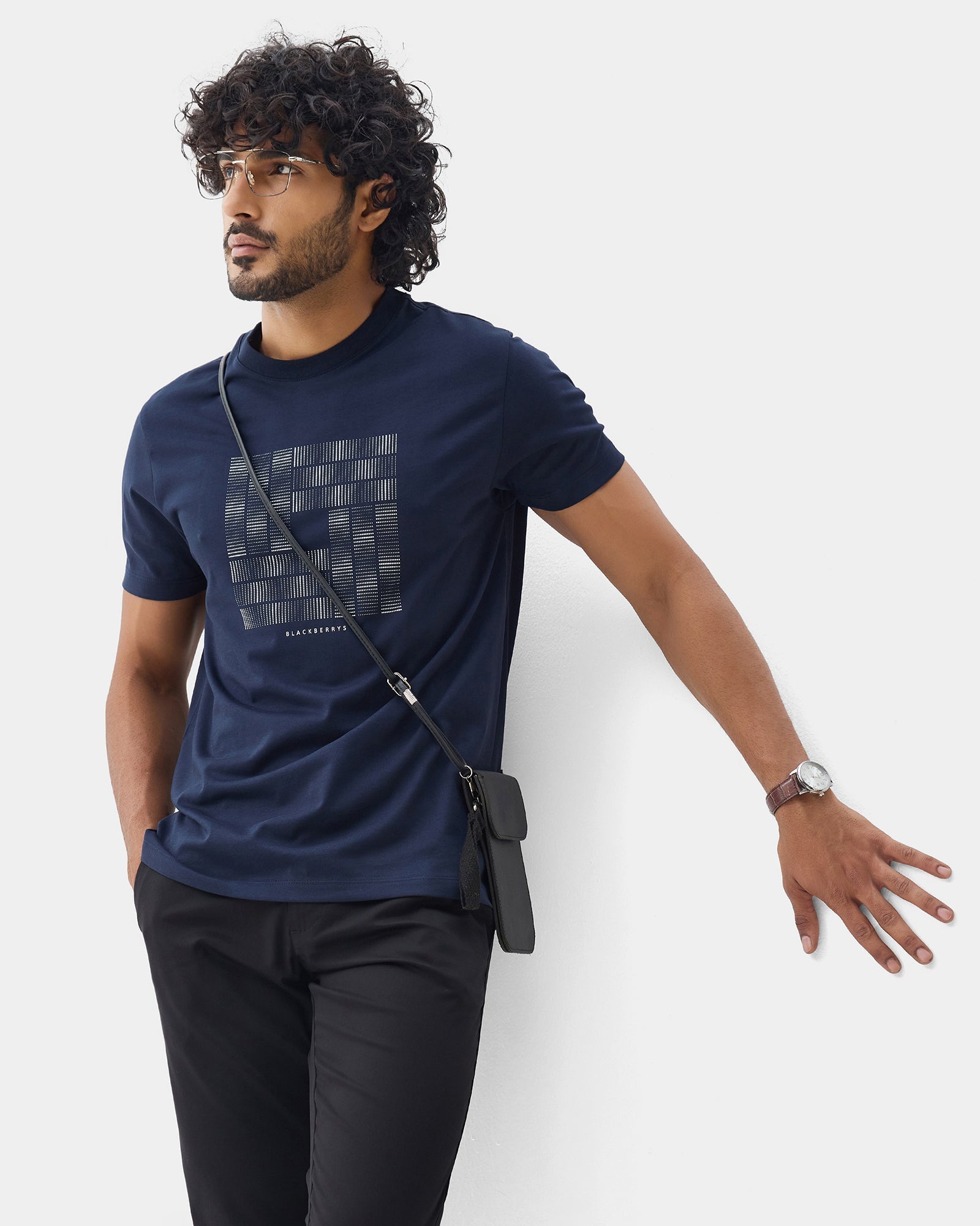 Navy Crew Neck Printed T-Shirt - Donbei