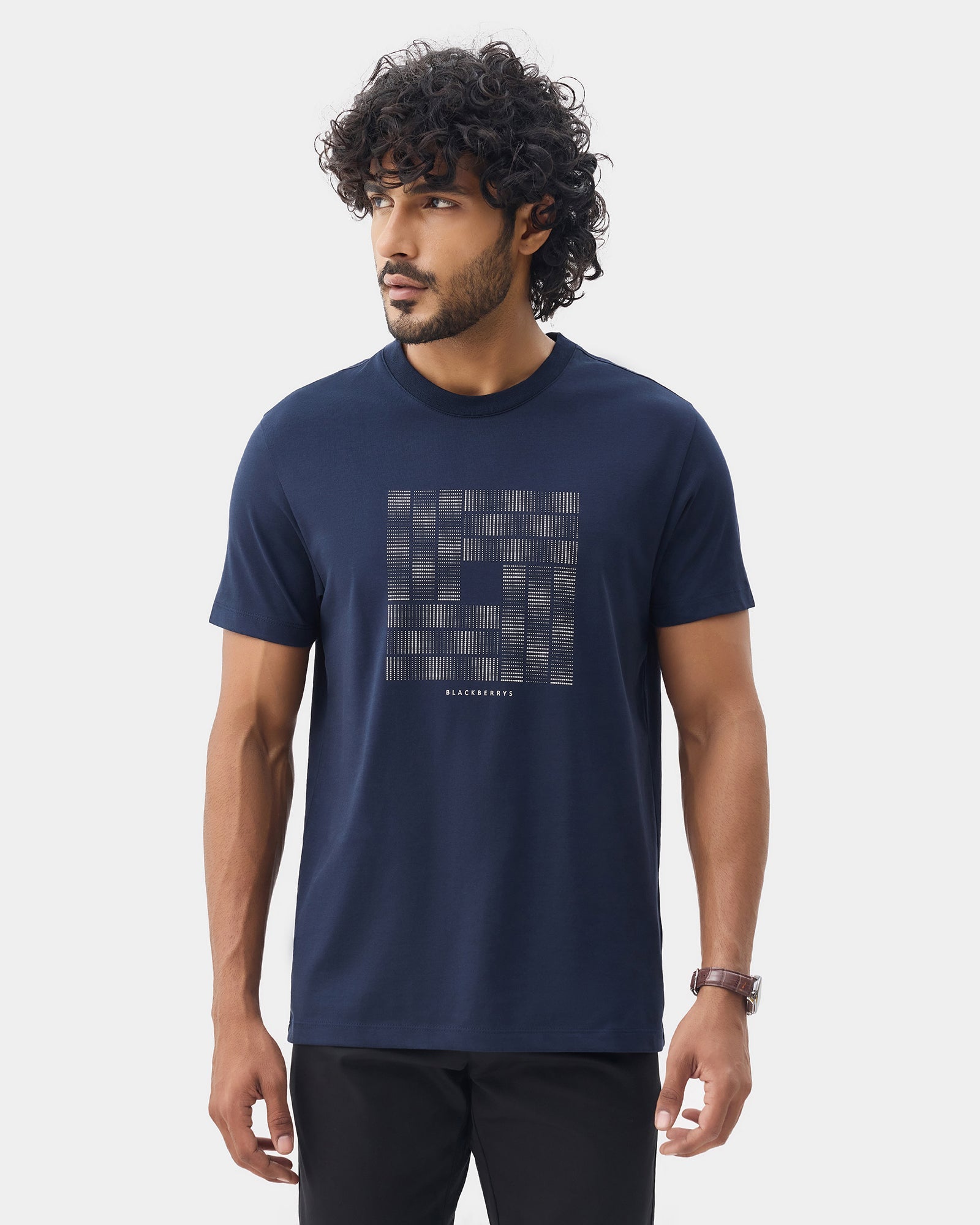 Navy Crew Neck Printed T-Shirt - Donbei