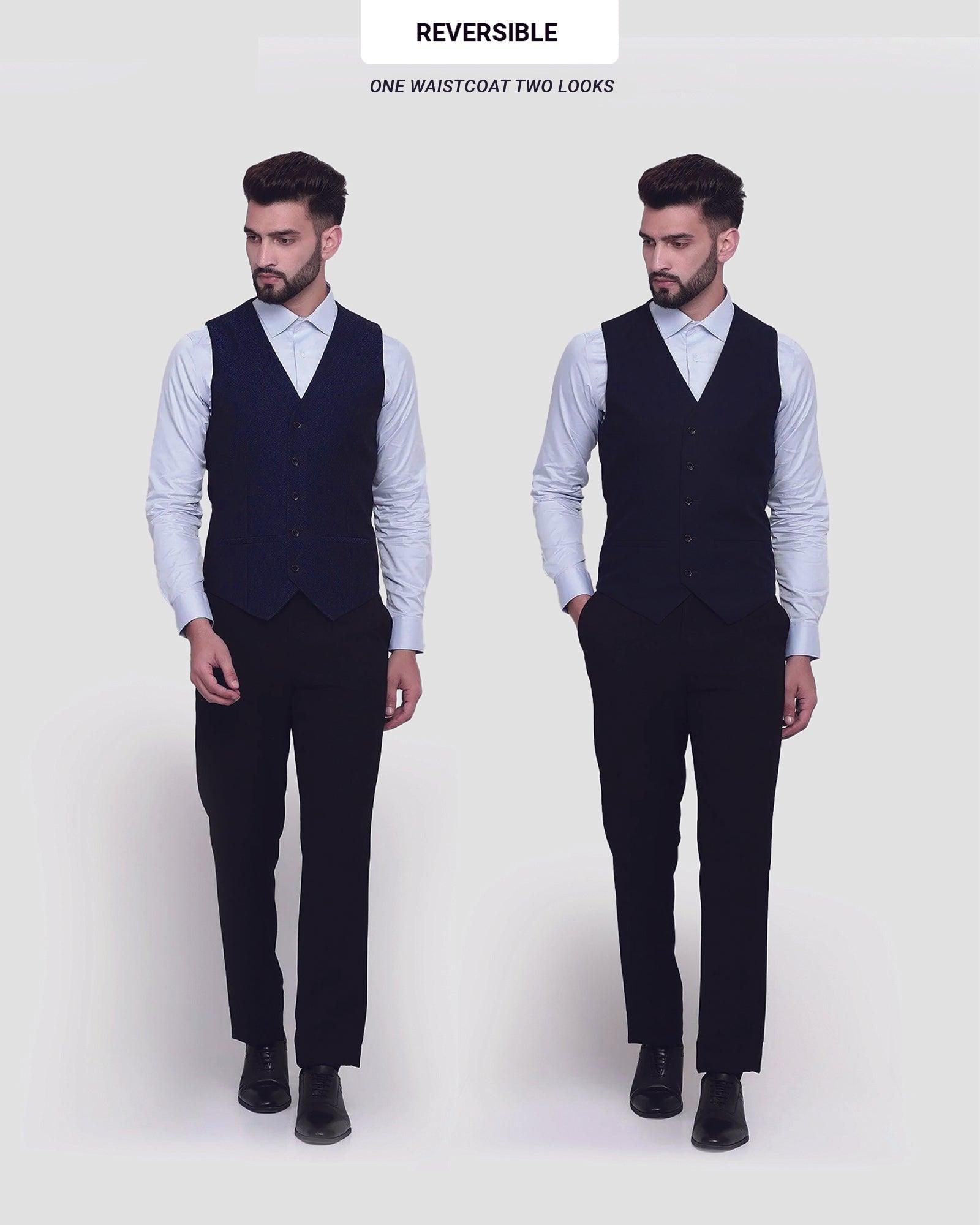V-Neck Formal Navy Jacquard Waistcoat - Tereno