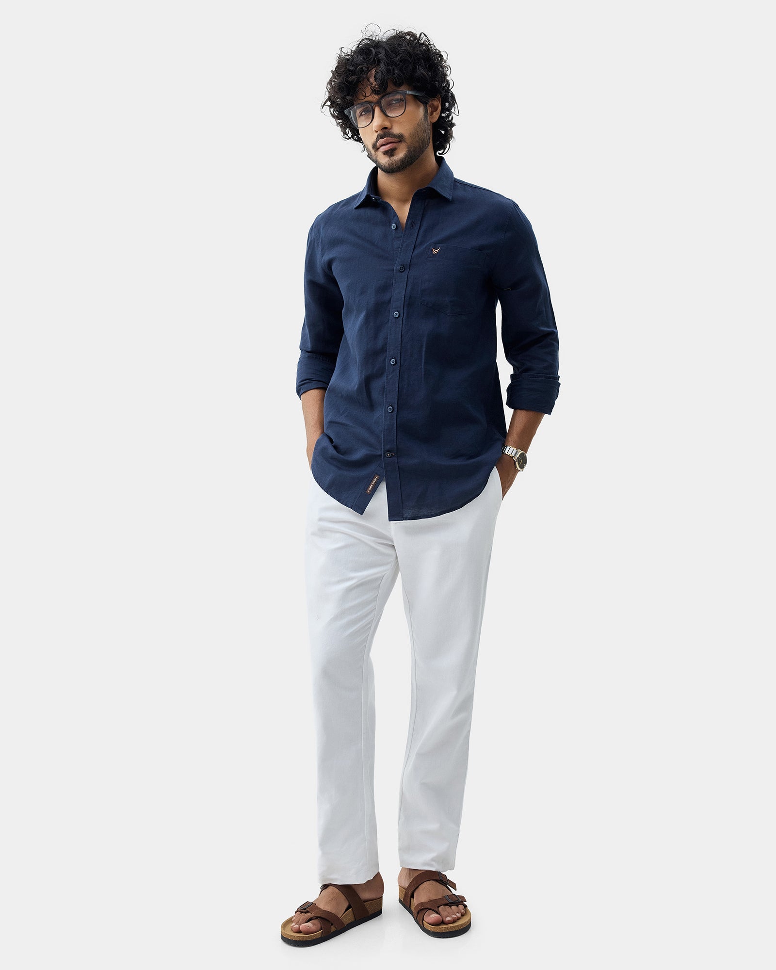 Navy Linen Solid Shirt - Cleo