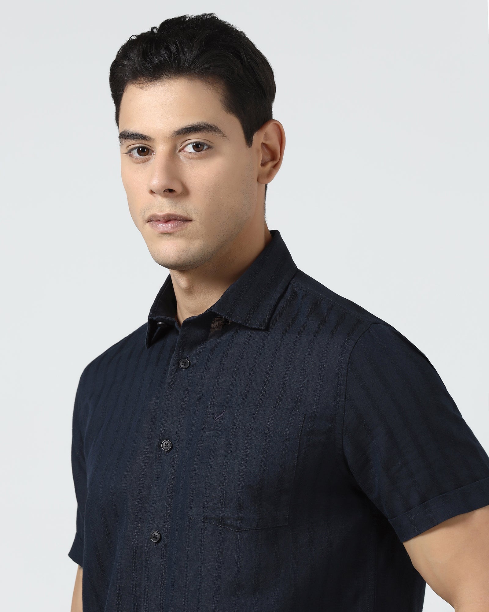 Navy Half Sleeve Linen Stripe Shirt - Sanhok