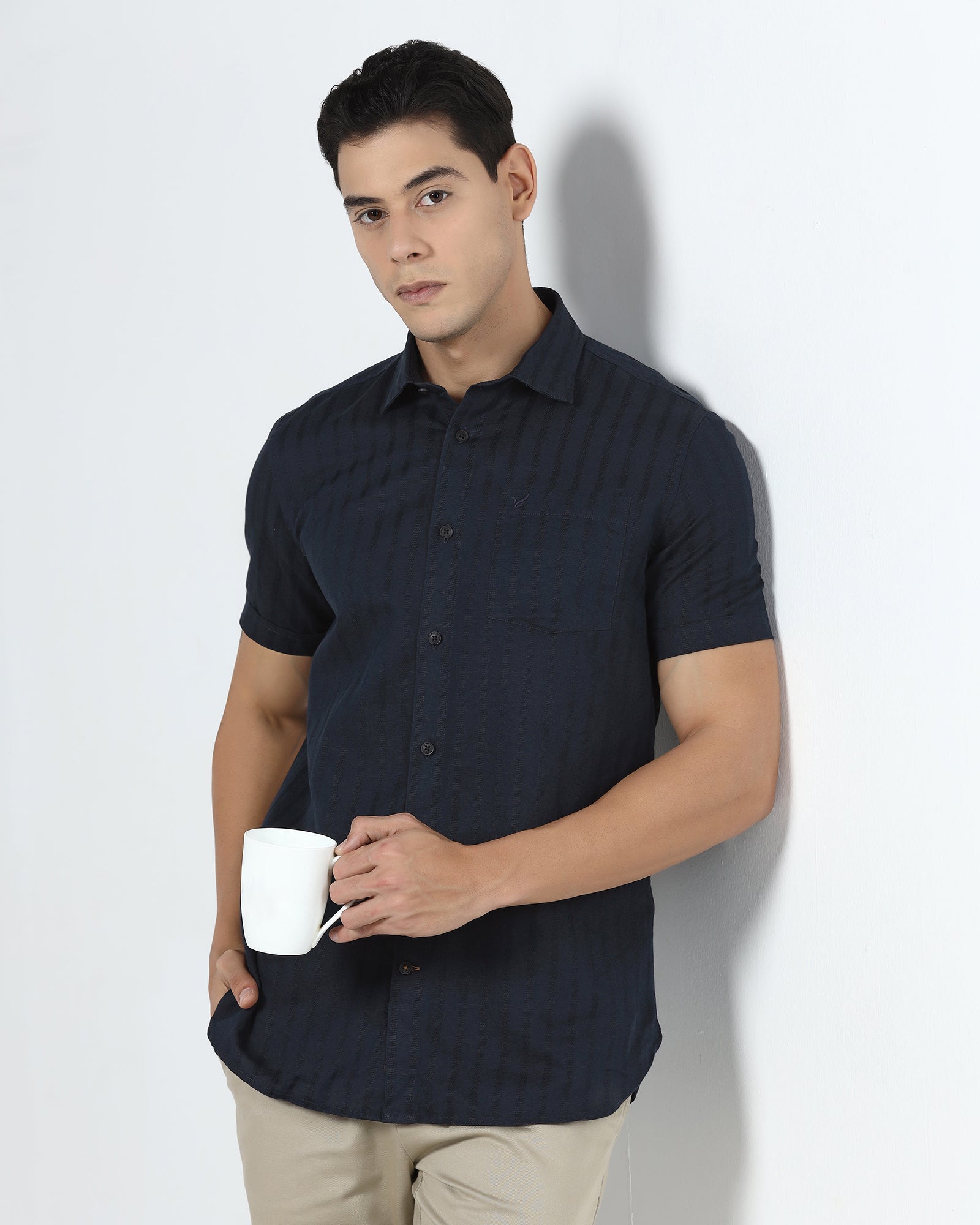 Navy Half Sleeve Linen Stripe Shirt - Sanhok
