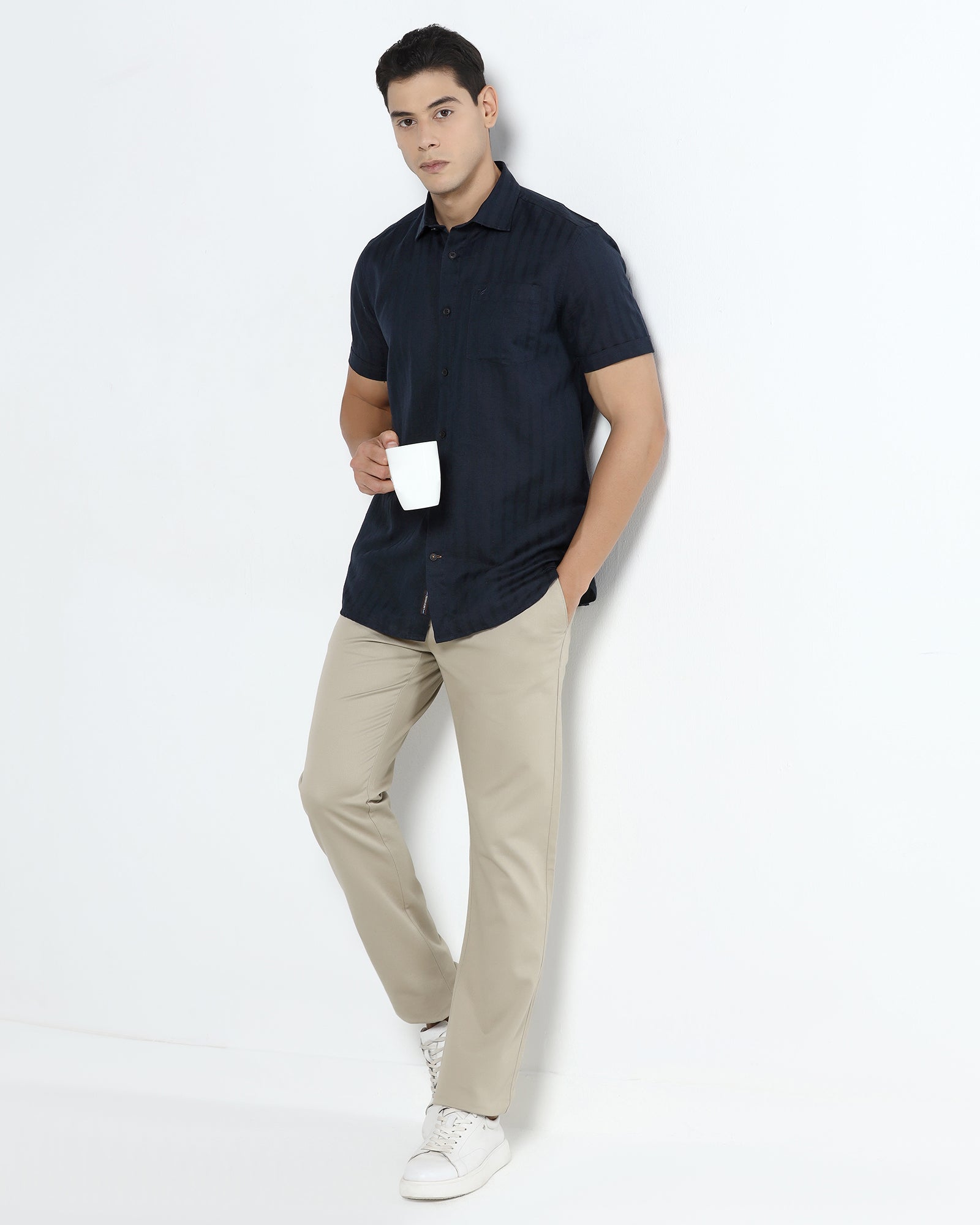 Navy Half Sleeve Linen Stripe Shirt - Sanhok