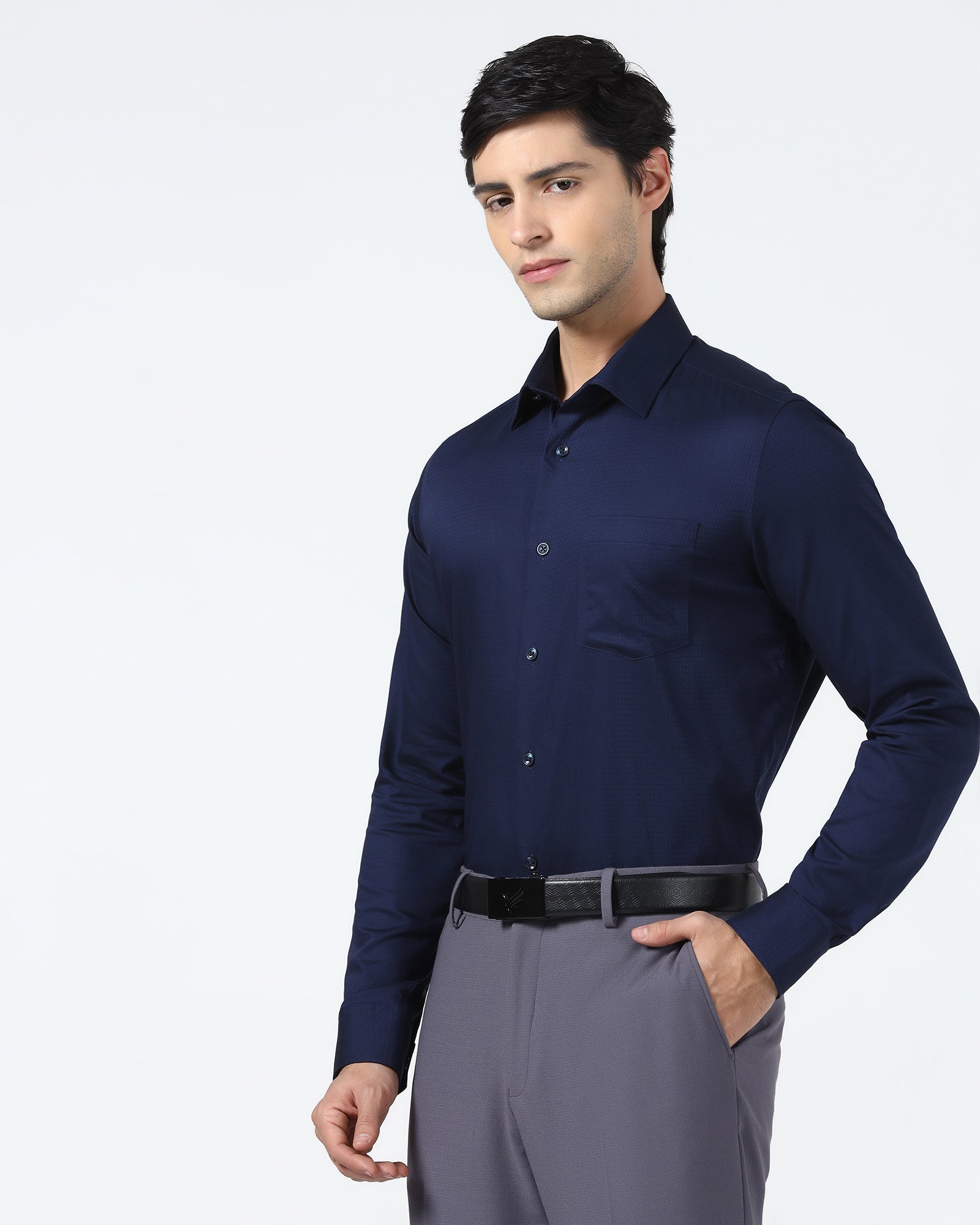 Navy Non Iron Textured Shirt - Emerald