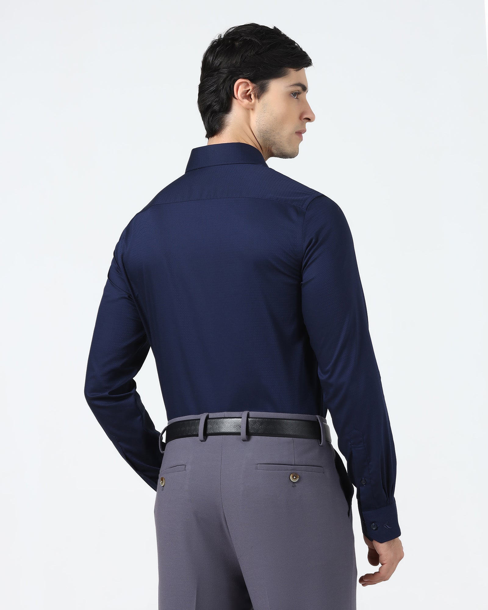 Navy Non Iron Textured Shirt - Emerald