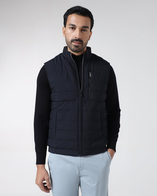 Navy Reversible Solid Zipper Jacket - Zietro