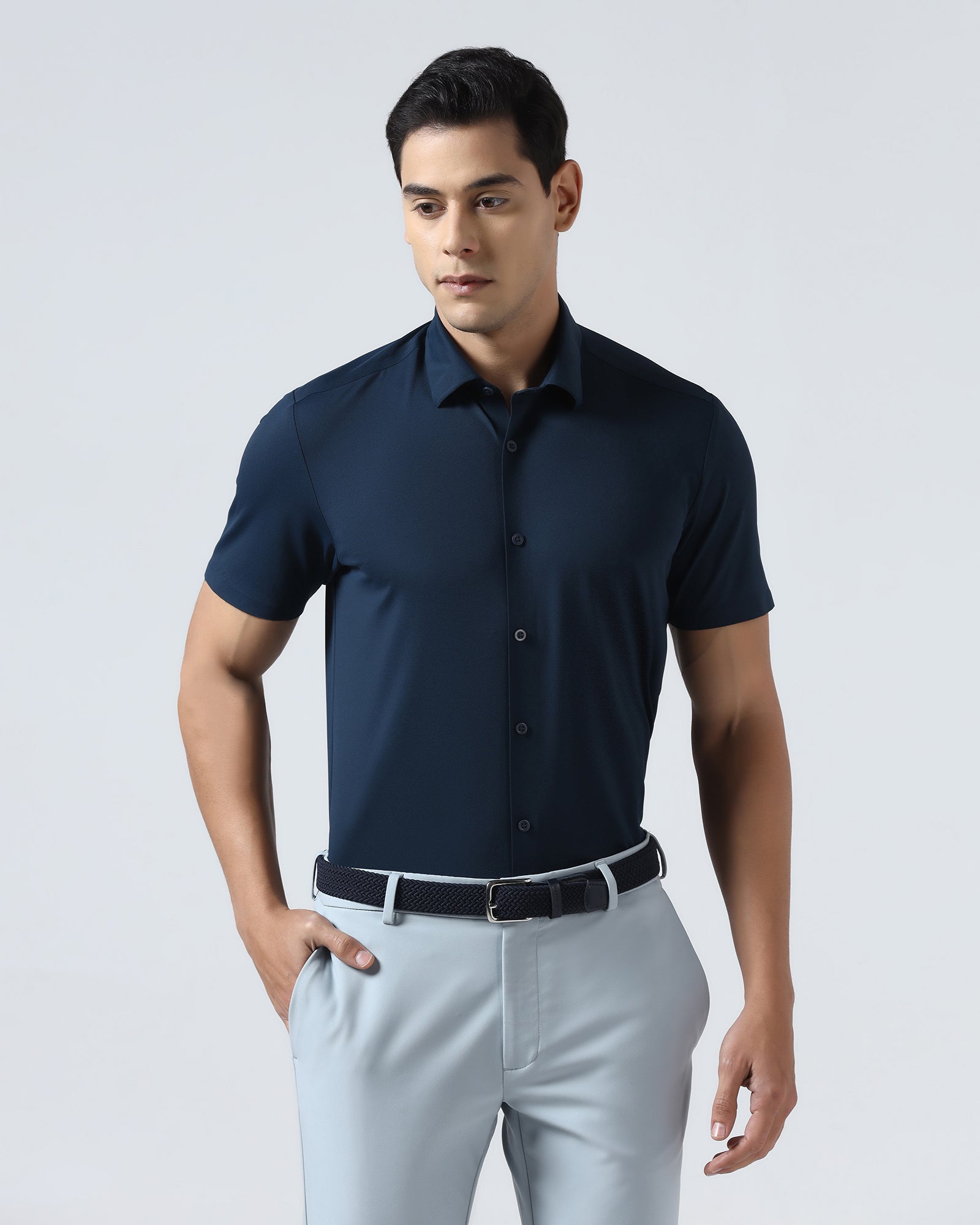 Navy Half Sleeve TechPro Textured Shirt - Henry