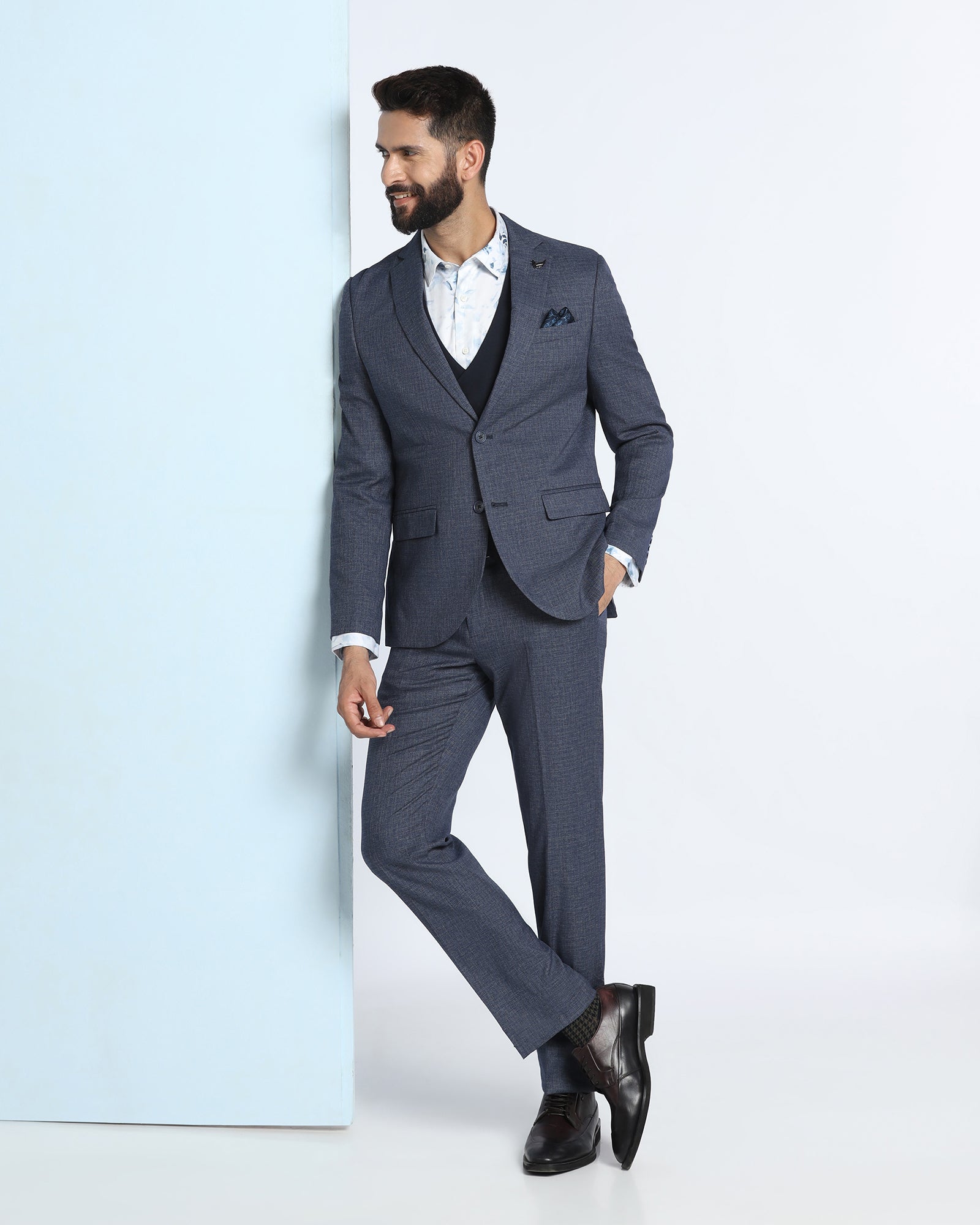 Navy Three Piece Textured Suit - Absinthe