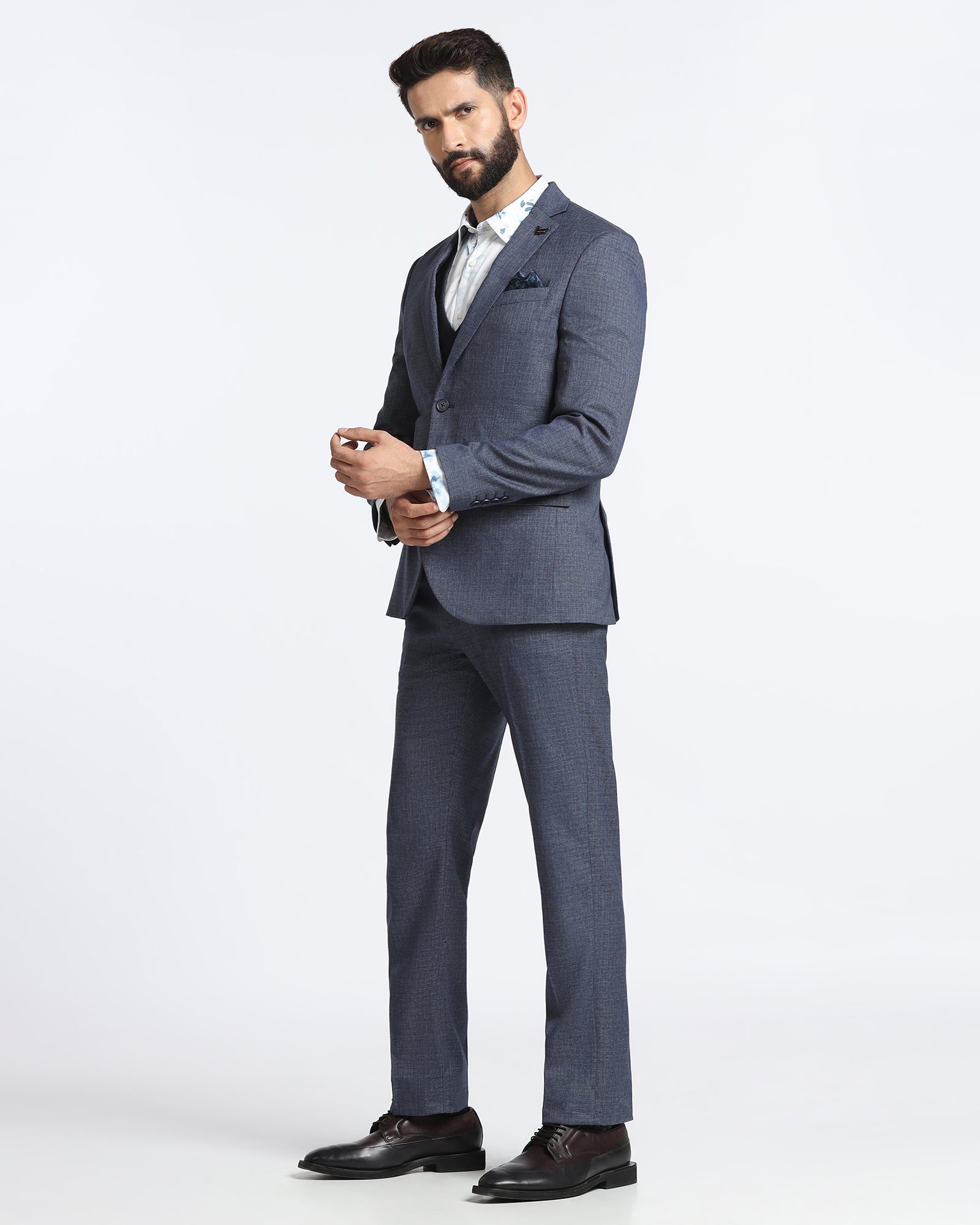 Navy Three Piece Textured Suit - Absinthe