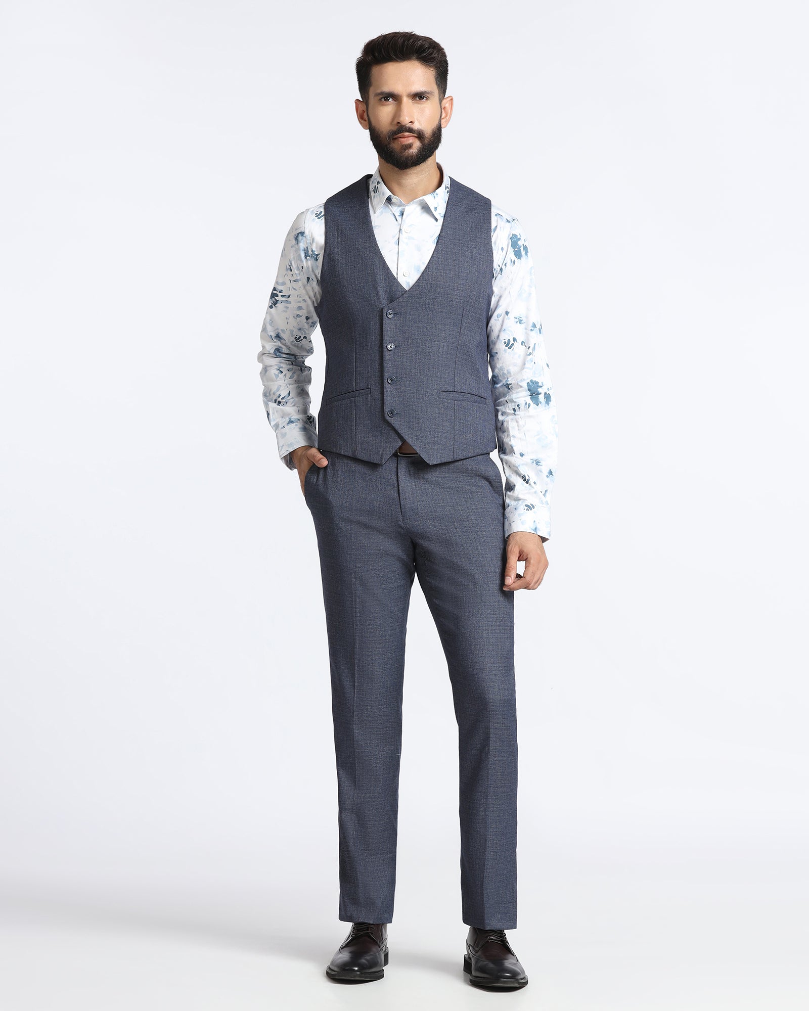 Navy Three Piece Textured Suit - Absinthe