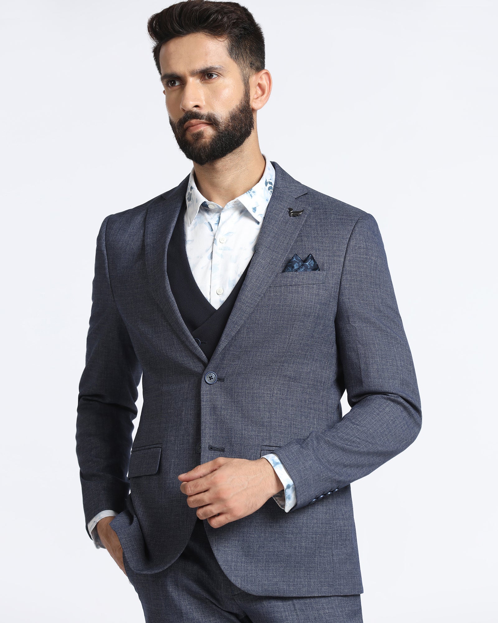 Navy Three Piece Textured Suit - Absinthe