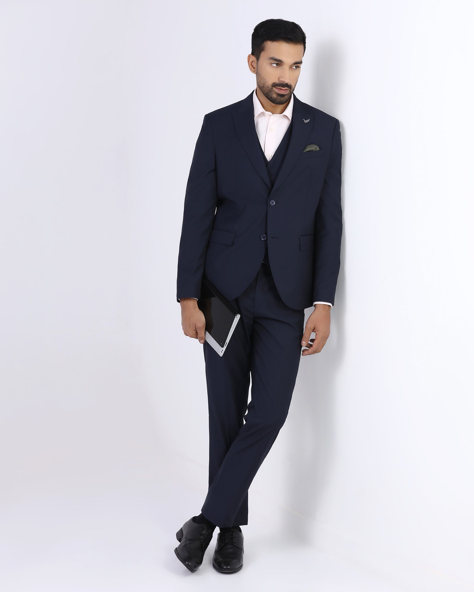 Navy Three Piece Textured Suit - Atoll