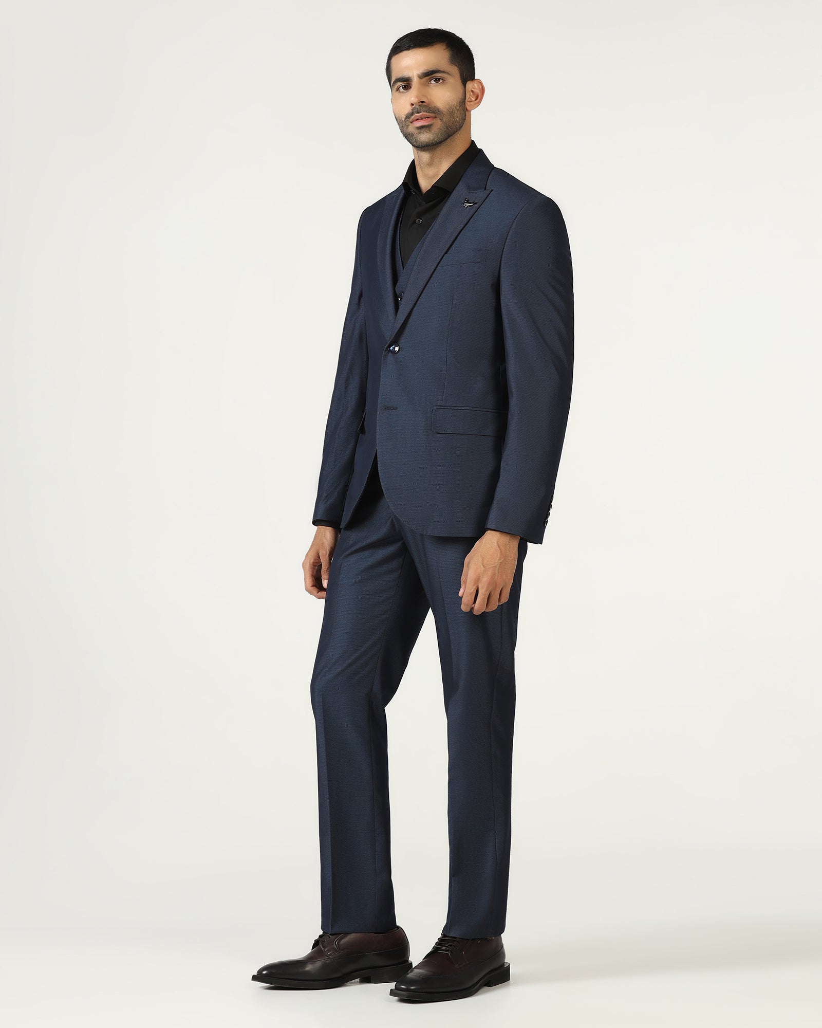 Navy Three Piece Textured Suit - Jiver