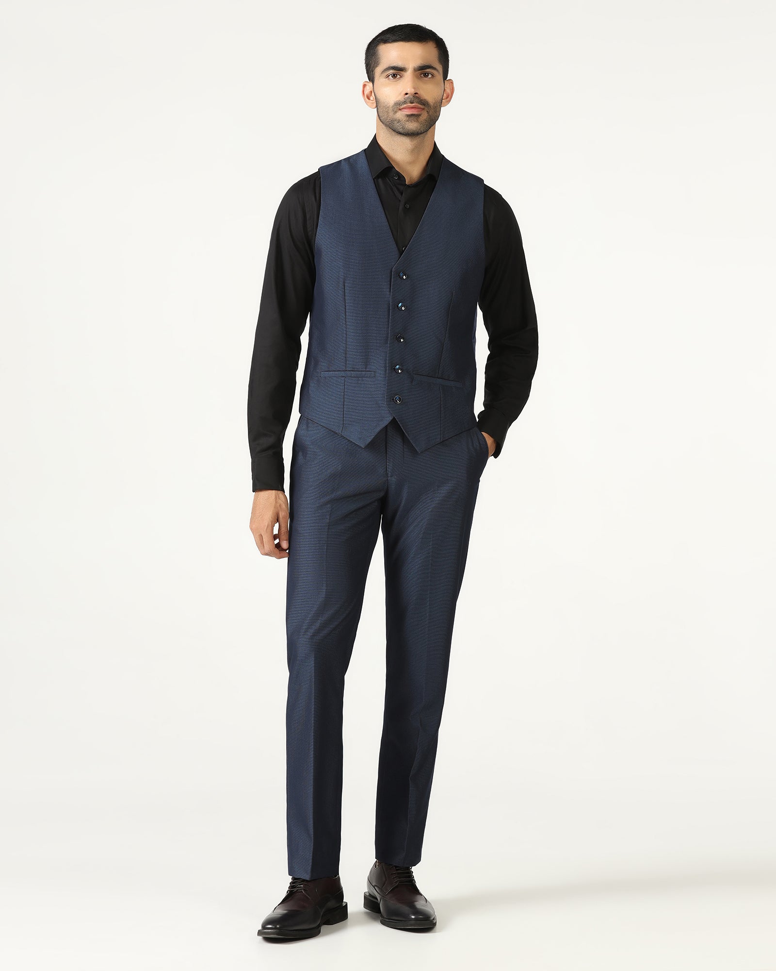 Navy Three Piece Textured Suit - Jiver