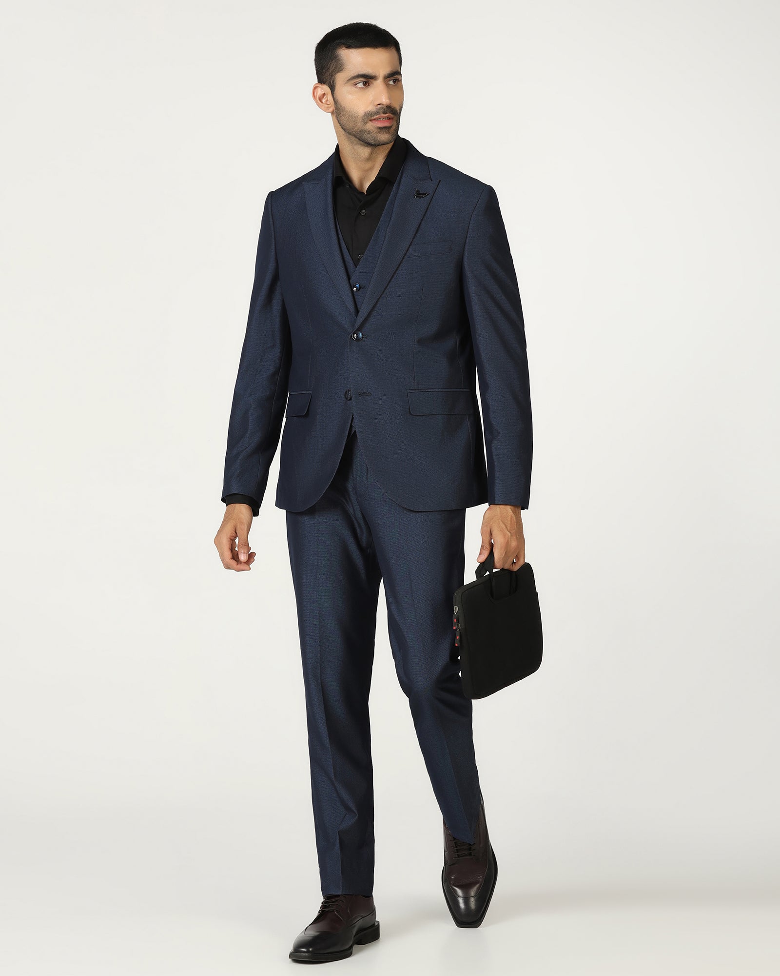 Navy Three Piece Textured Suit - Jiver