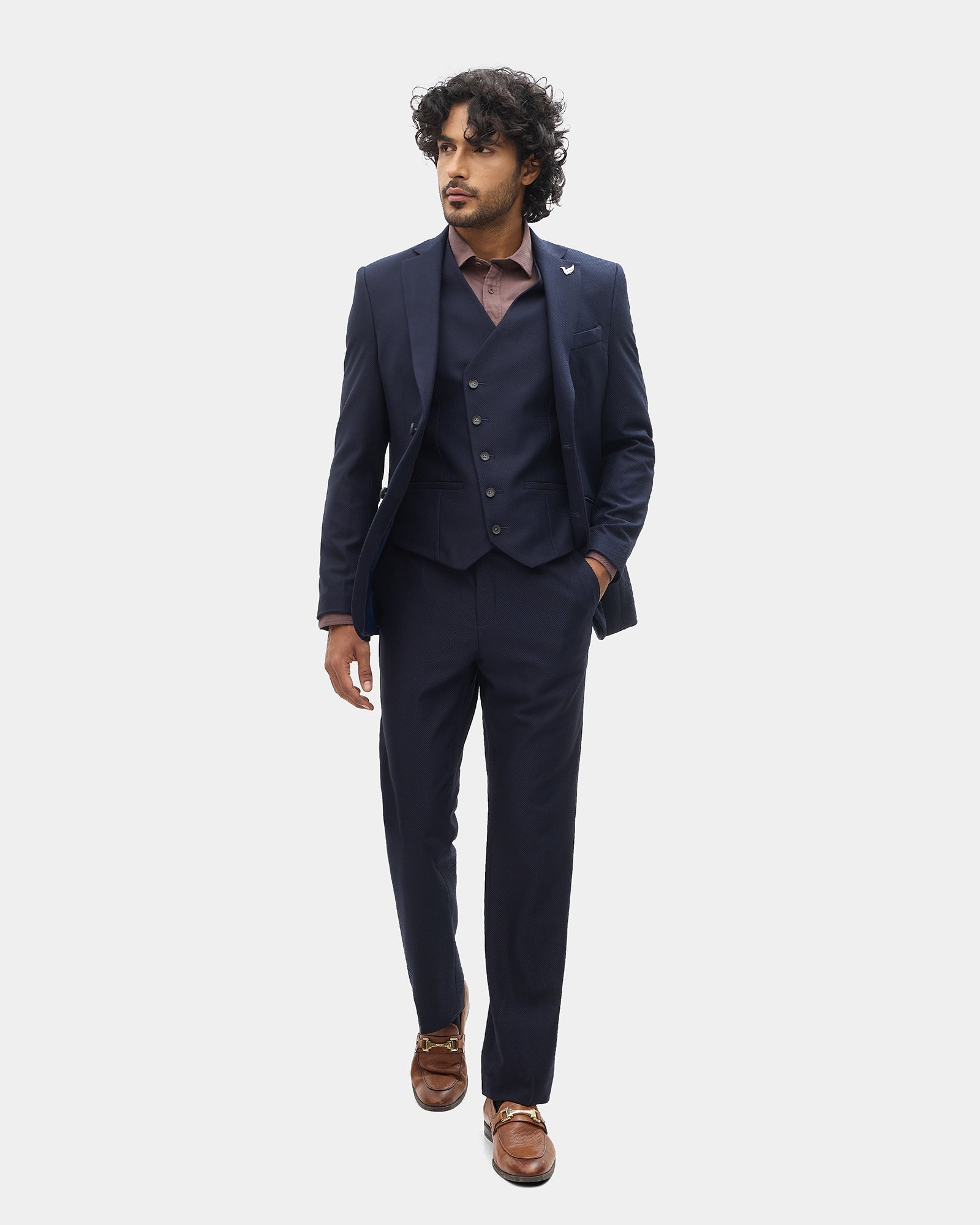 Navy Three Piece Textured Suit - Tristan