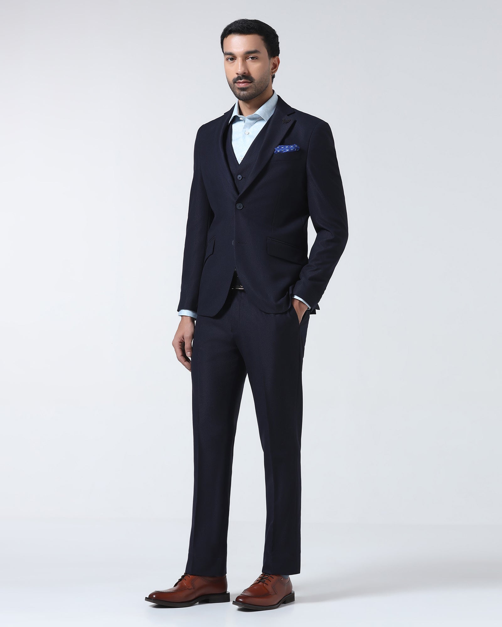 Navy Three Piece Textured Suit - Zeny