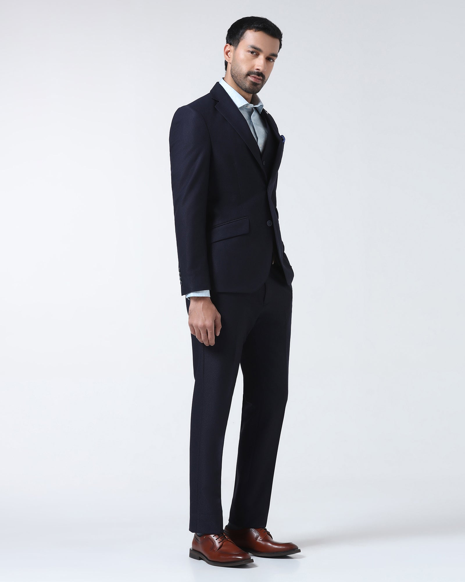 Navy Three Piece Textured Suit - Zeny
