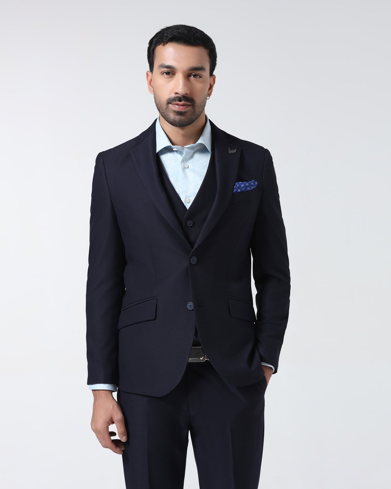 Navy Three Piece Textured Suit - Zeny