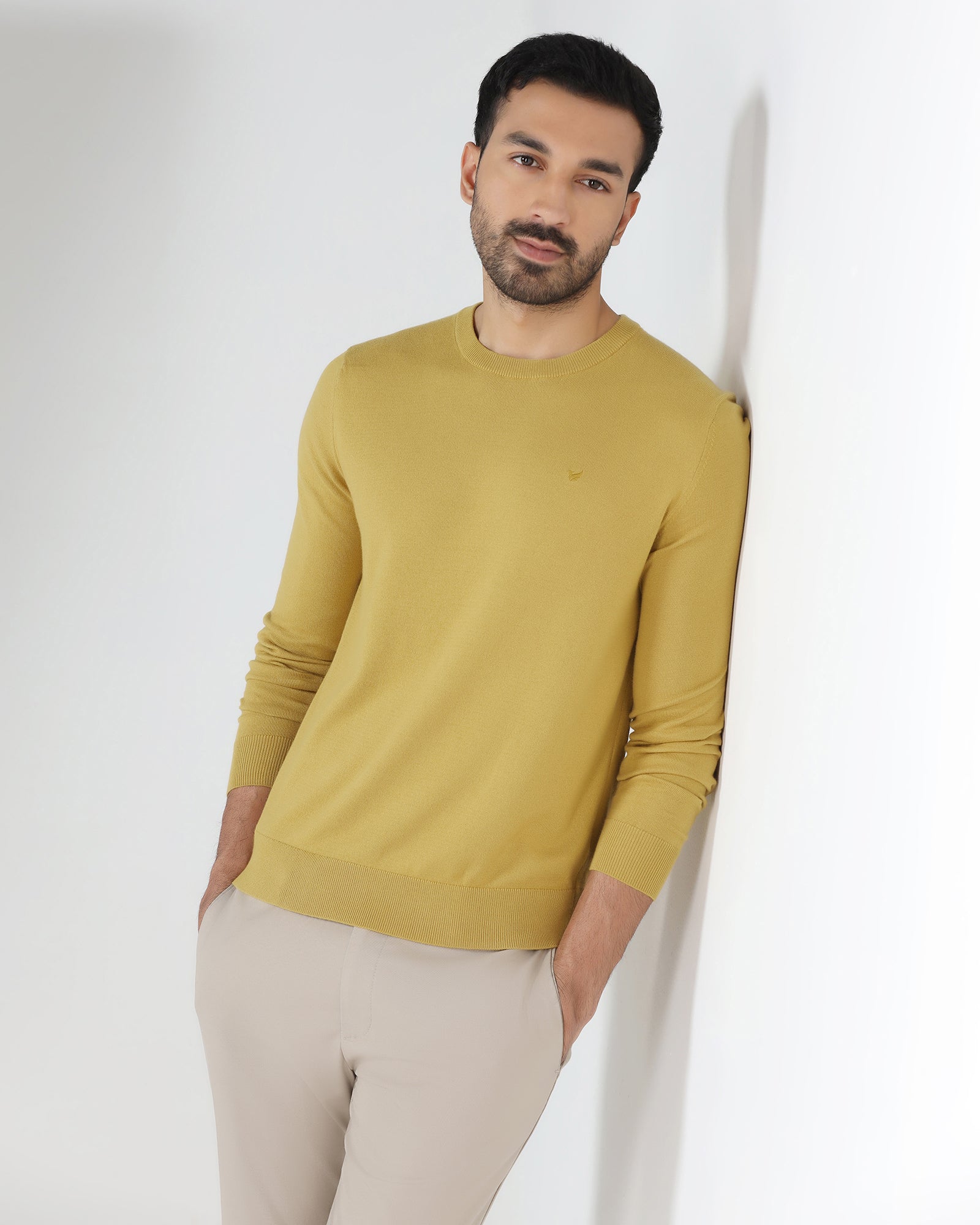 Ochre Yellow Crew Neck Solid Sweater - Mario