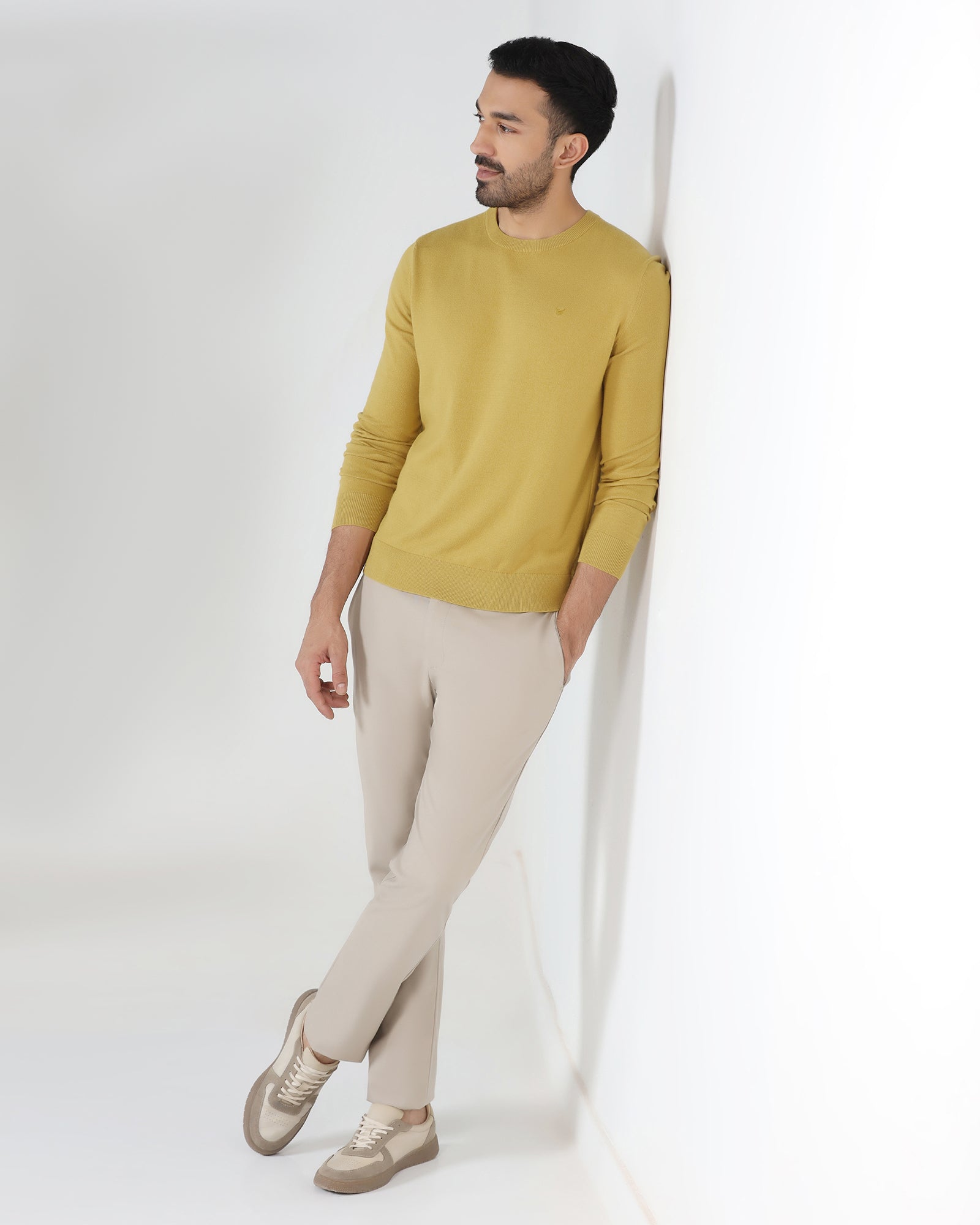 Ochre Yellow Crew Neck Solid Sweater - Mario