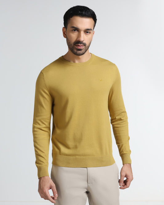 Ochre Yellow Crew Neck Solid Sweater - Mario